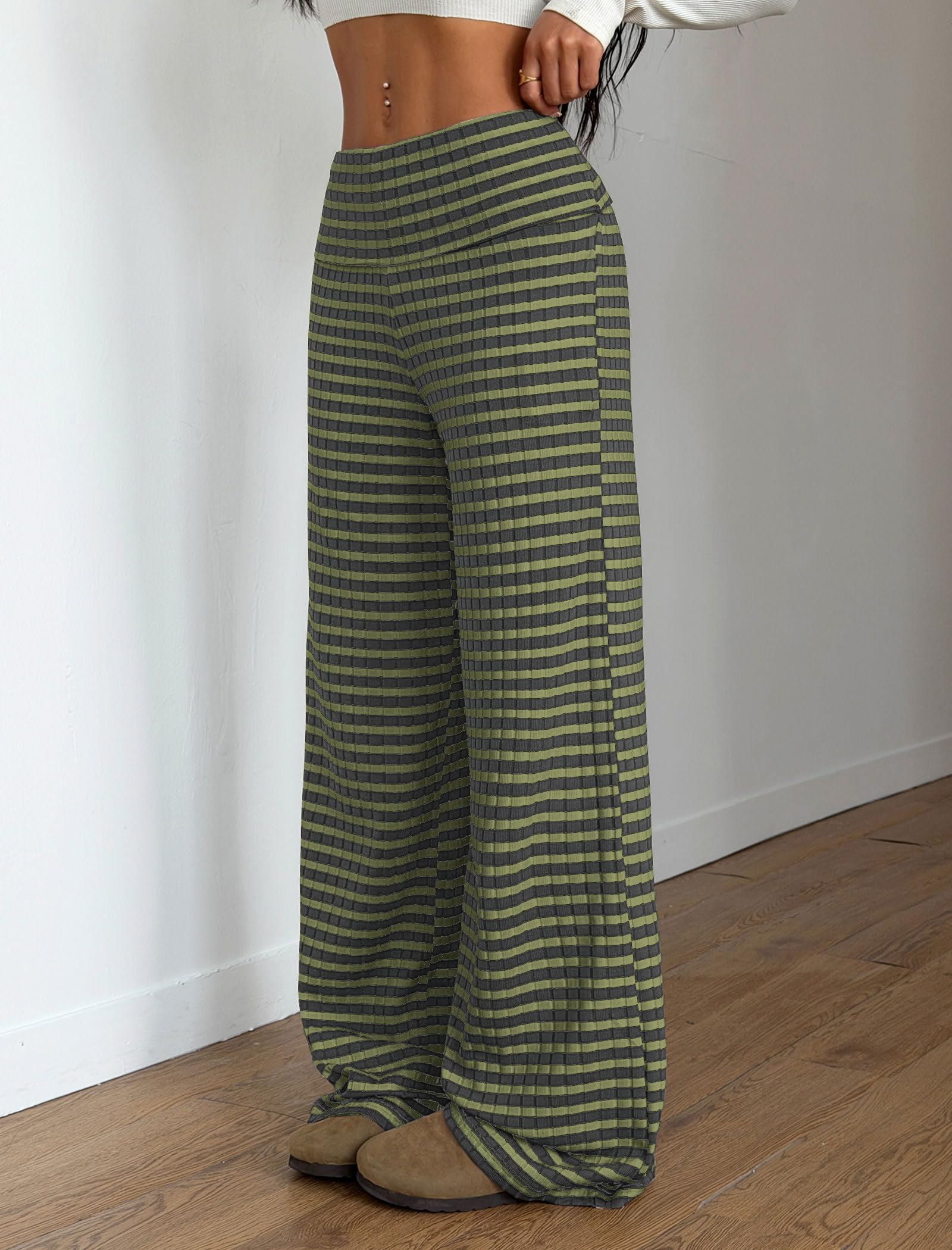 ZAFUL Women's Striped Pants Casual Fold Waist Wide Leg Pants Lightweight Comfy Stretchy Loose Lounge Pajama Pants