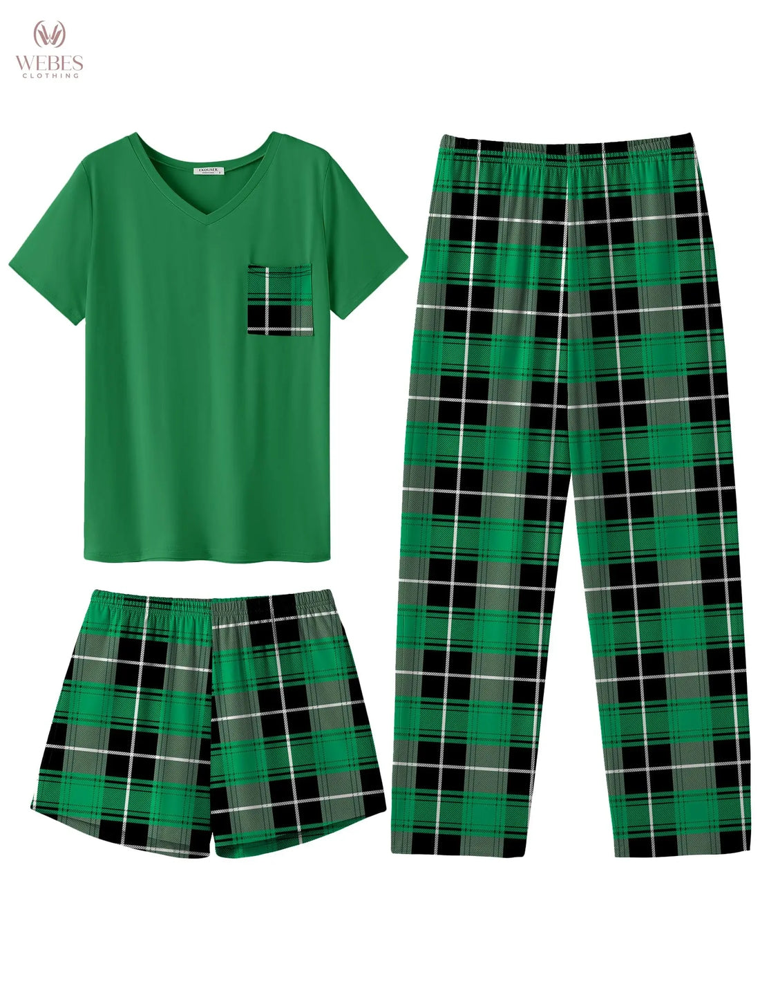 Ekouaer Women's 3 Piece Pajama Set Short Sleeve Sleepwear Pj Set Top and Shorts Pants Pjs with Pockets WEBE CLOTHING