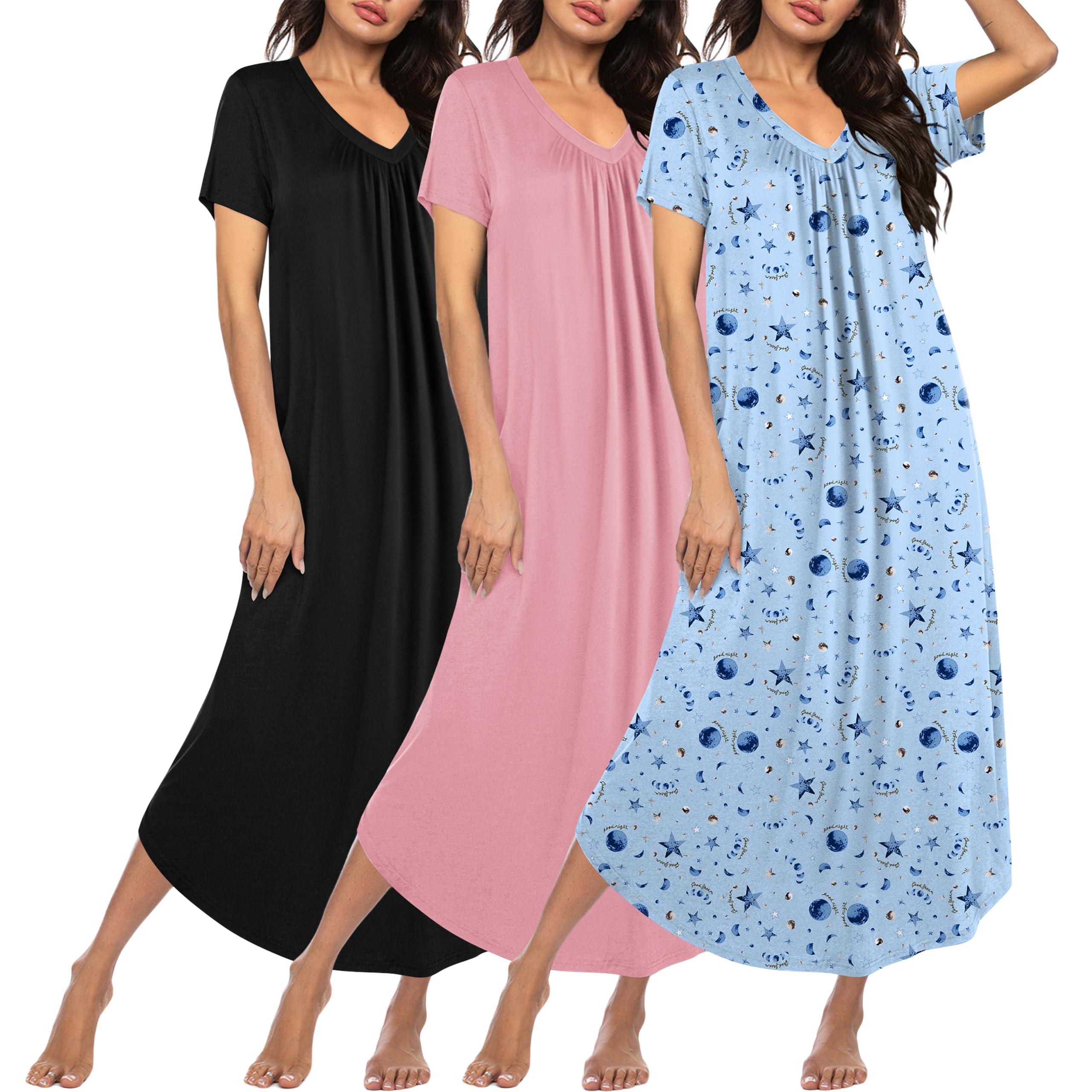 Ekouaer Long Nightgowns for Women 3 Pack House Dress Plus Size Moo Moos | V Neck Night Gowns,Short Sleeve Sleep Dress,Ladies Lounge Dress,Soft Sleep Shirt,Casual Night dress for Sleeping,Daily Wear WEBE CLOTHING