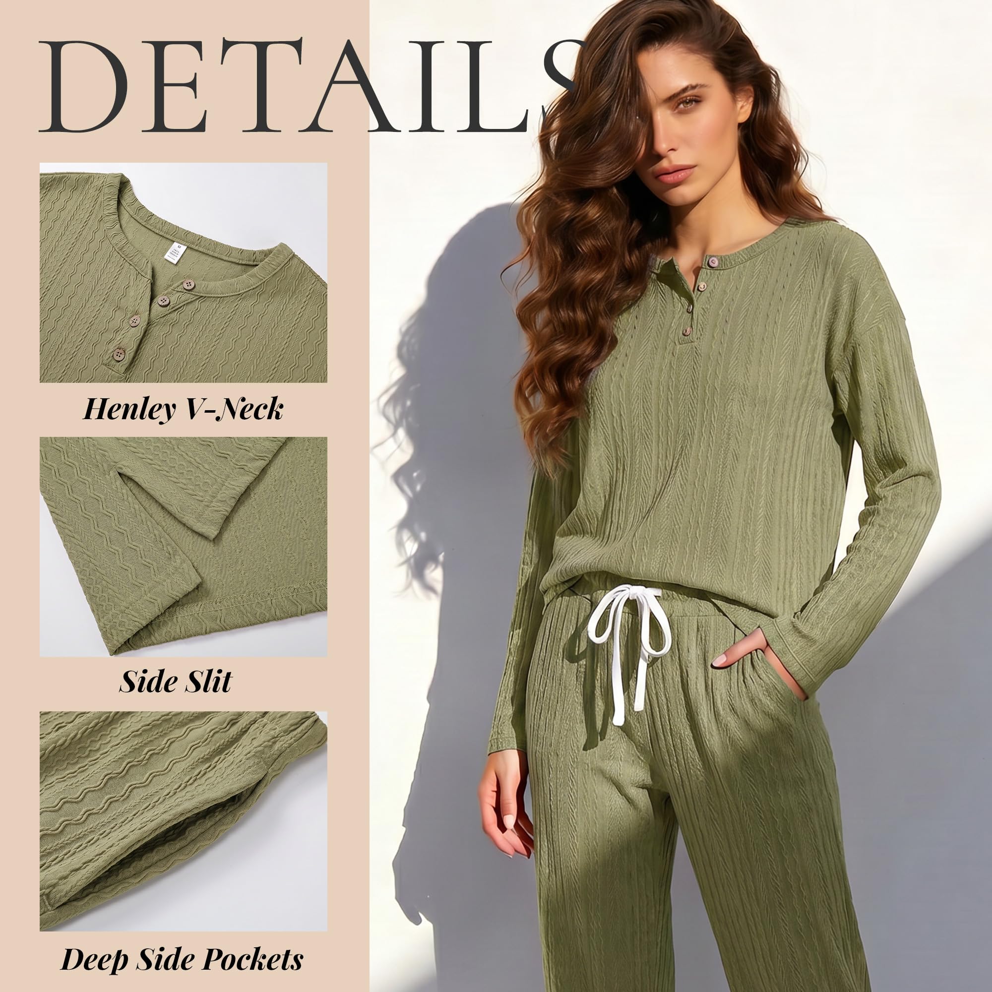 U2SKIIN Soft Pajama Set for Women Cable Knit Loungewear Henley Neck Long Sleeve Comfy Sleepwear with Pockets All Season