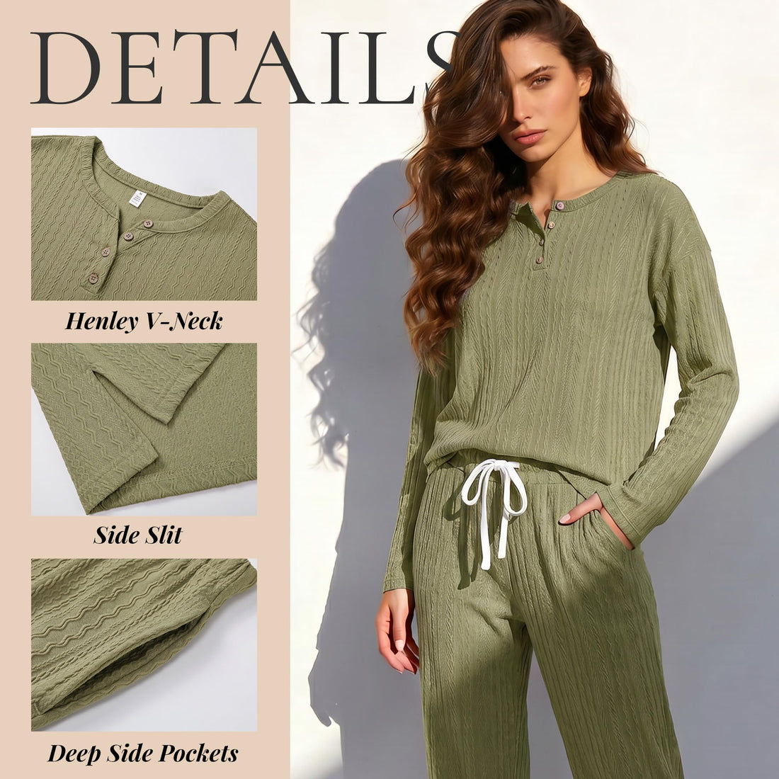 U2SKIIN Soft Pajama Set for Women Cable Knit Loungewear Henley Neck Long Sleeve Comfy Sleepwear with Pockets All Season