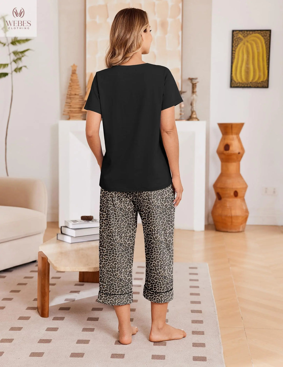 Ekouaer Cotton Pajamas for Women Set Short Sleeve Top and Capri Pants | 2 Pieces Lounge Set with Pockets V Neck Comfy Soft Sleepwear for Mom, Wife, Grandmother WEBE CLOTHING