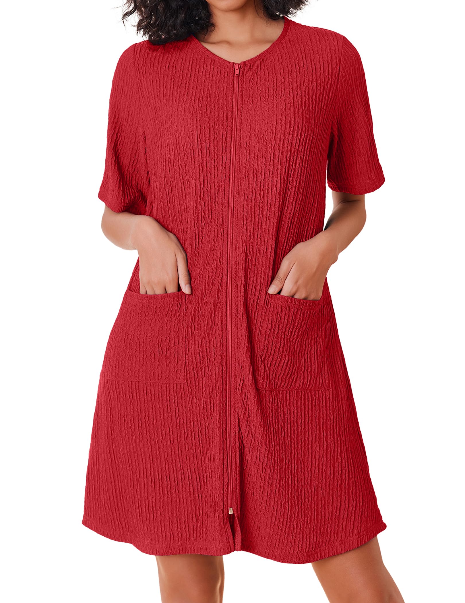 Ekouaer Women Zipper Robes Knit Short Bathrobe Lightweight House Coat with Pockets Soft Nightgown S-XXL WEBE CLOTHING