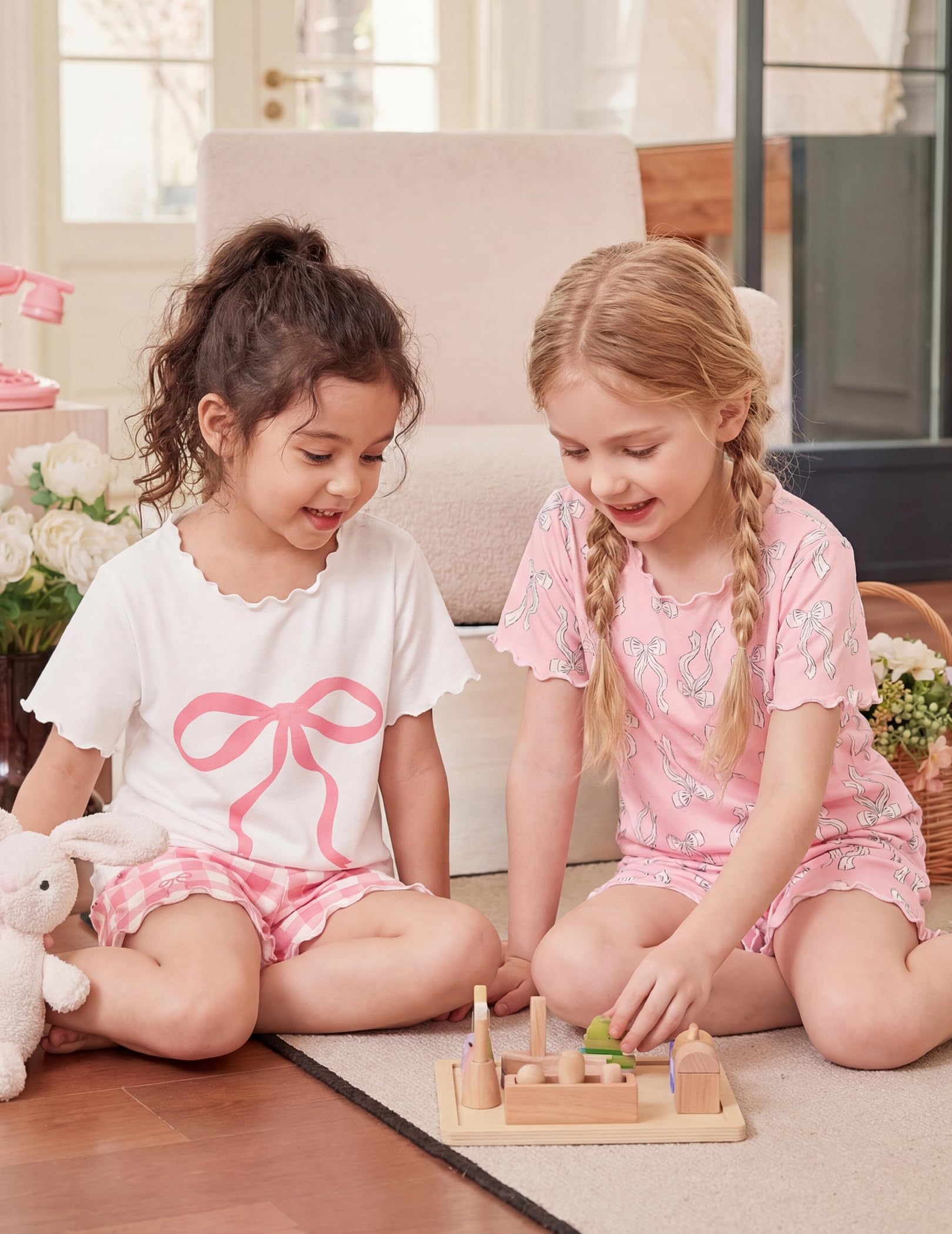 Arshiner Girls Pajama Set Short Sleeve Lounge Set Soft Shirring Summer Sleepwear Pj Sets