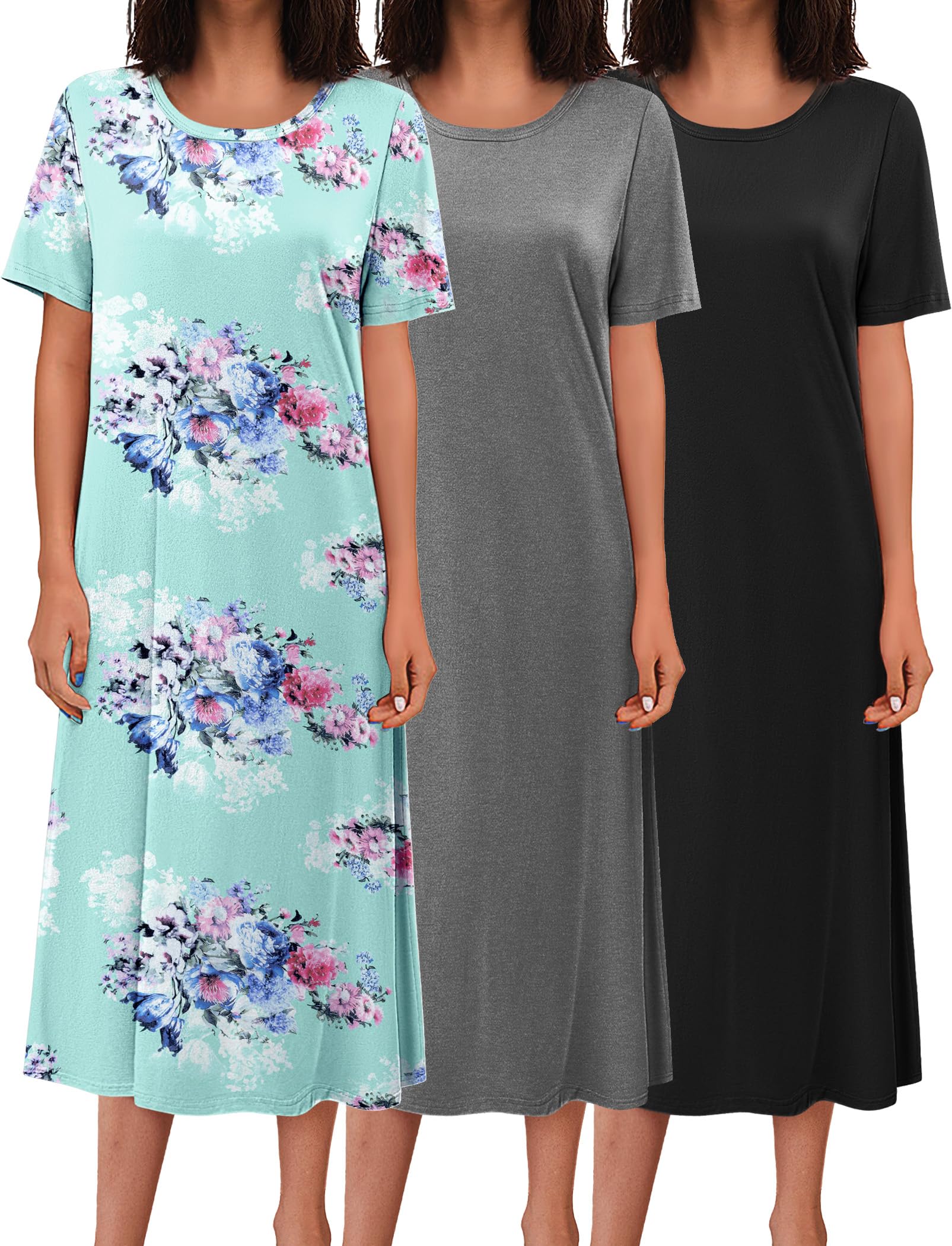 Ekouaer 3 Pack Long Nightgowns for Women Full Length Short Sleeve Nightshirt Soft Plus Size Sleepwear Casual Loungwear WEBE CLOTHING
