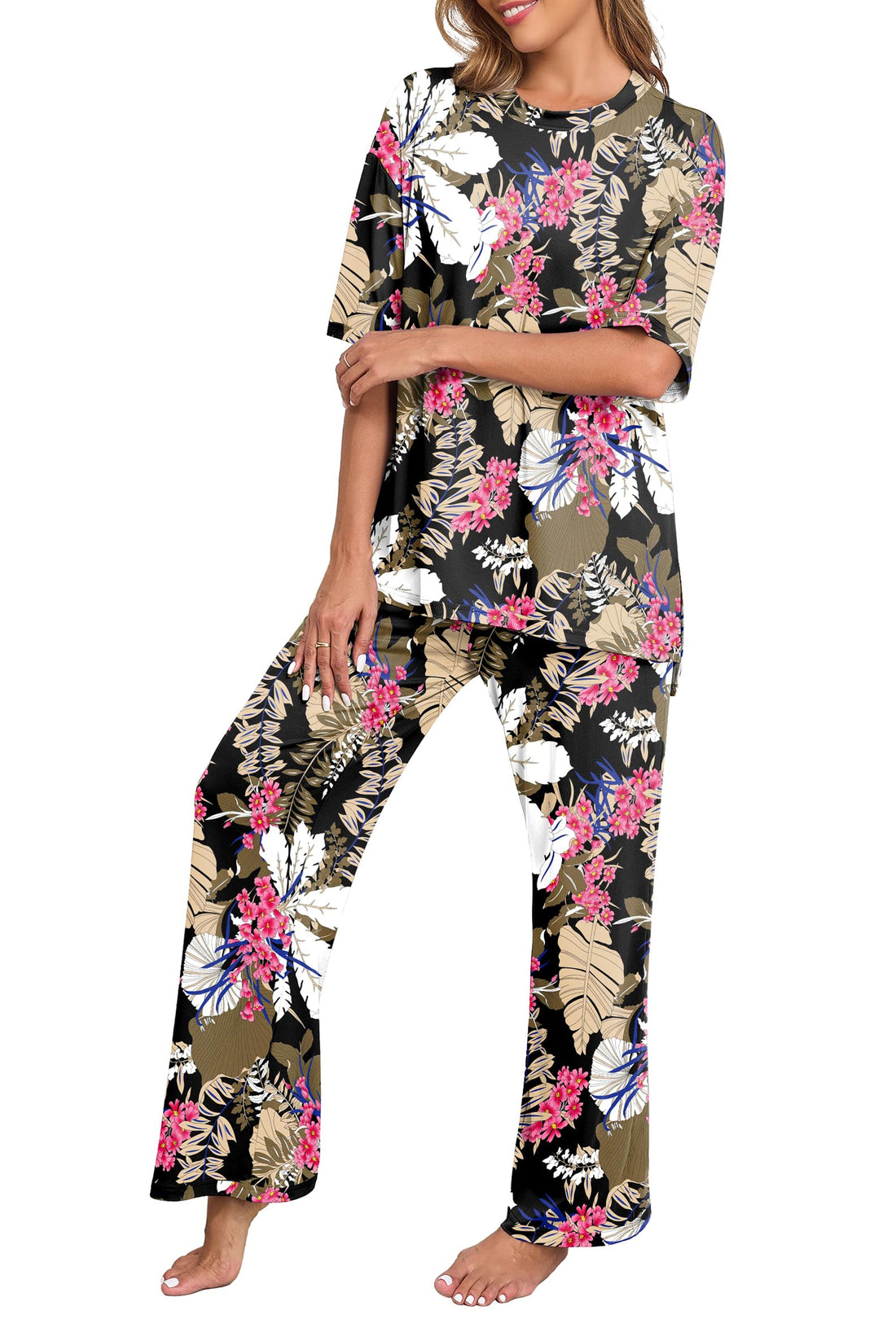 PrinStory Womens Pajamas Sets 2 Piece Lounge Set Short Sleeve Tops and Long Pants Soft Pjs Loungewear with Pockets
