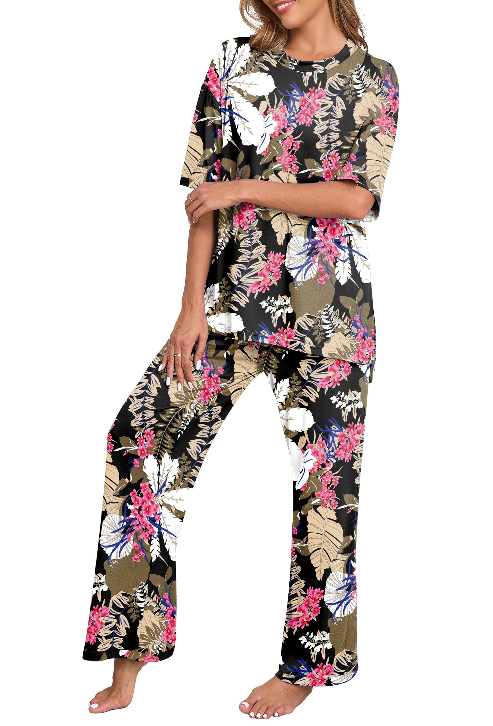 PrinStory Womens Pajamas Sets 2 Piece Lounge Set Short Sleeve Tops and Long Pants Soft Pjs Loungewear with Pockets