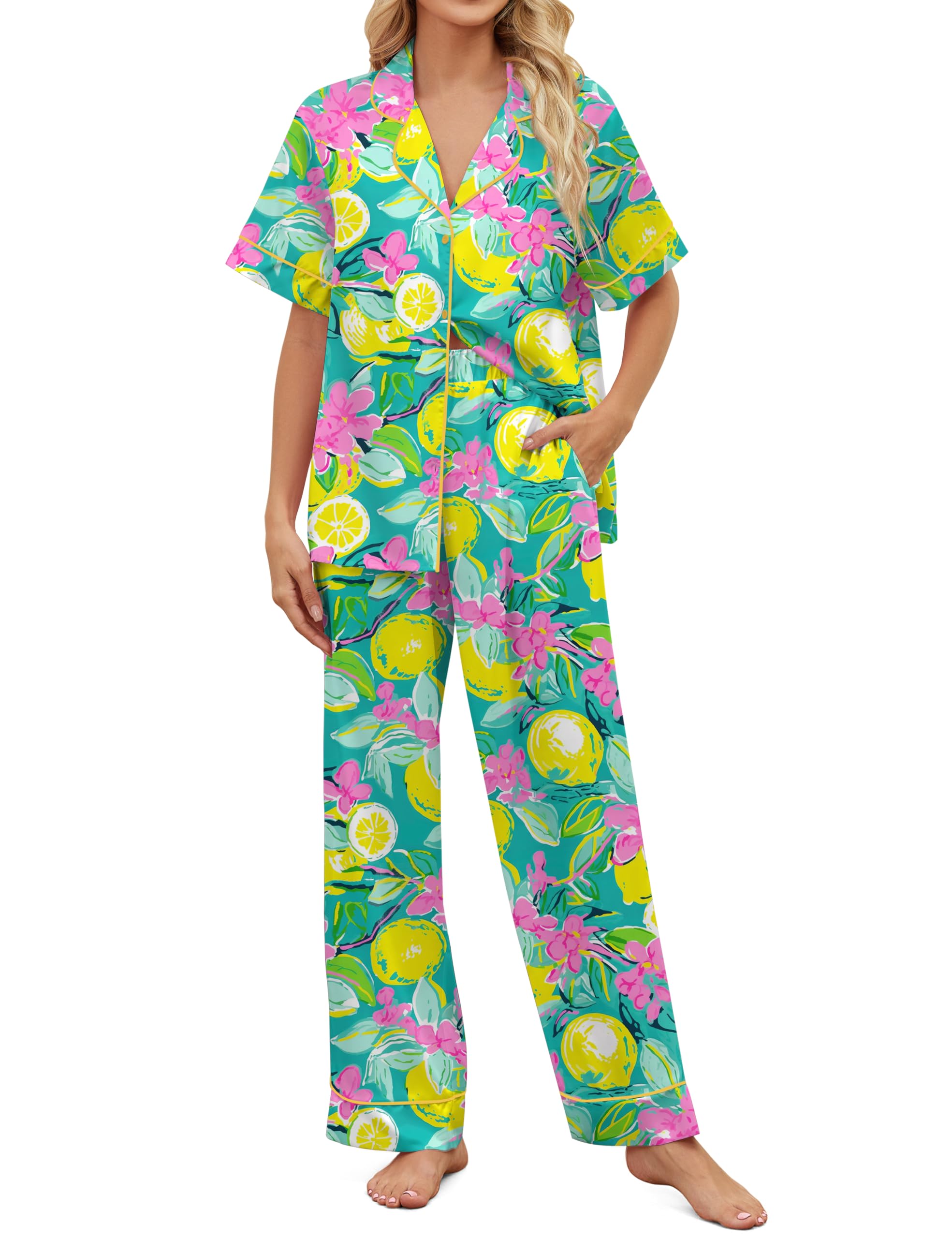 SHESHOW Satin Pajamas for Women Set Button Down Sleepwear Print Pjs Set 2 Piece Short Sleeve Long Loungewear Size XS-XXL WEBE CLOTHING