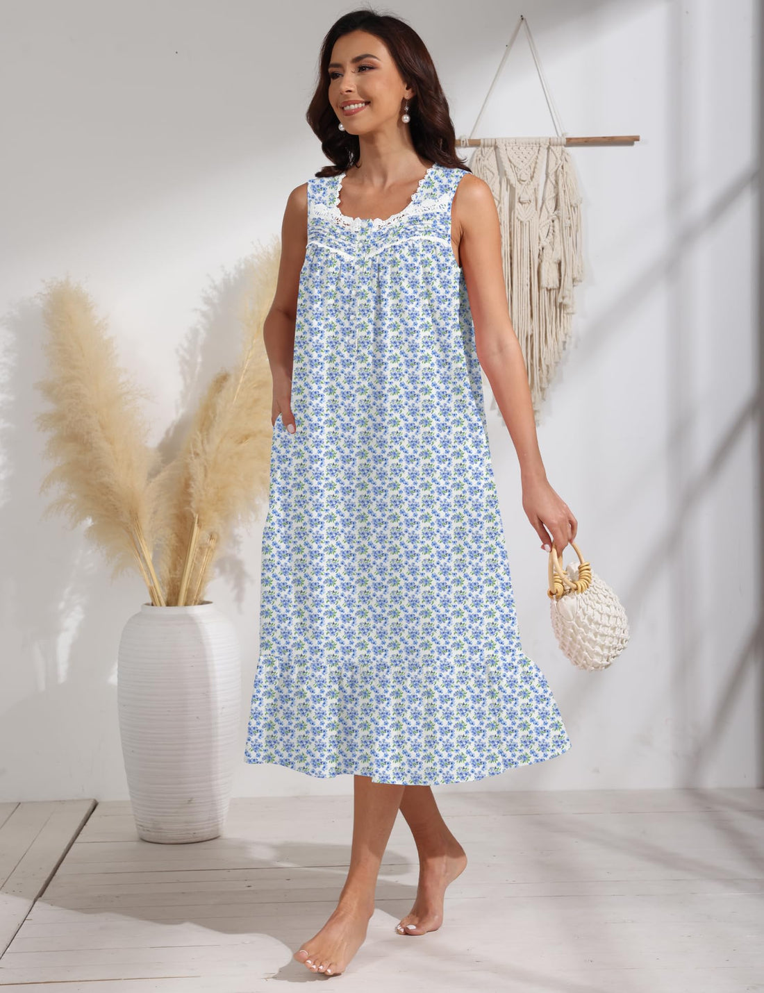 100% Cotton Floral Pearl Snap Nightgown for Women Sleeveless Victorian Sleep Dress Cotton Nightgowns with Pockets WEBE CLOTHING