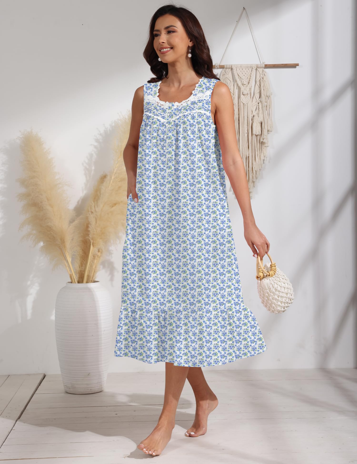 100% Cotton Floral Pearl Snap Nightgown for Women Sleeveless Victorian Sleep Dress Cotton Nightgowns with Pockets WEBE CLOTHING