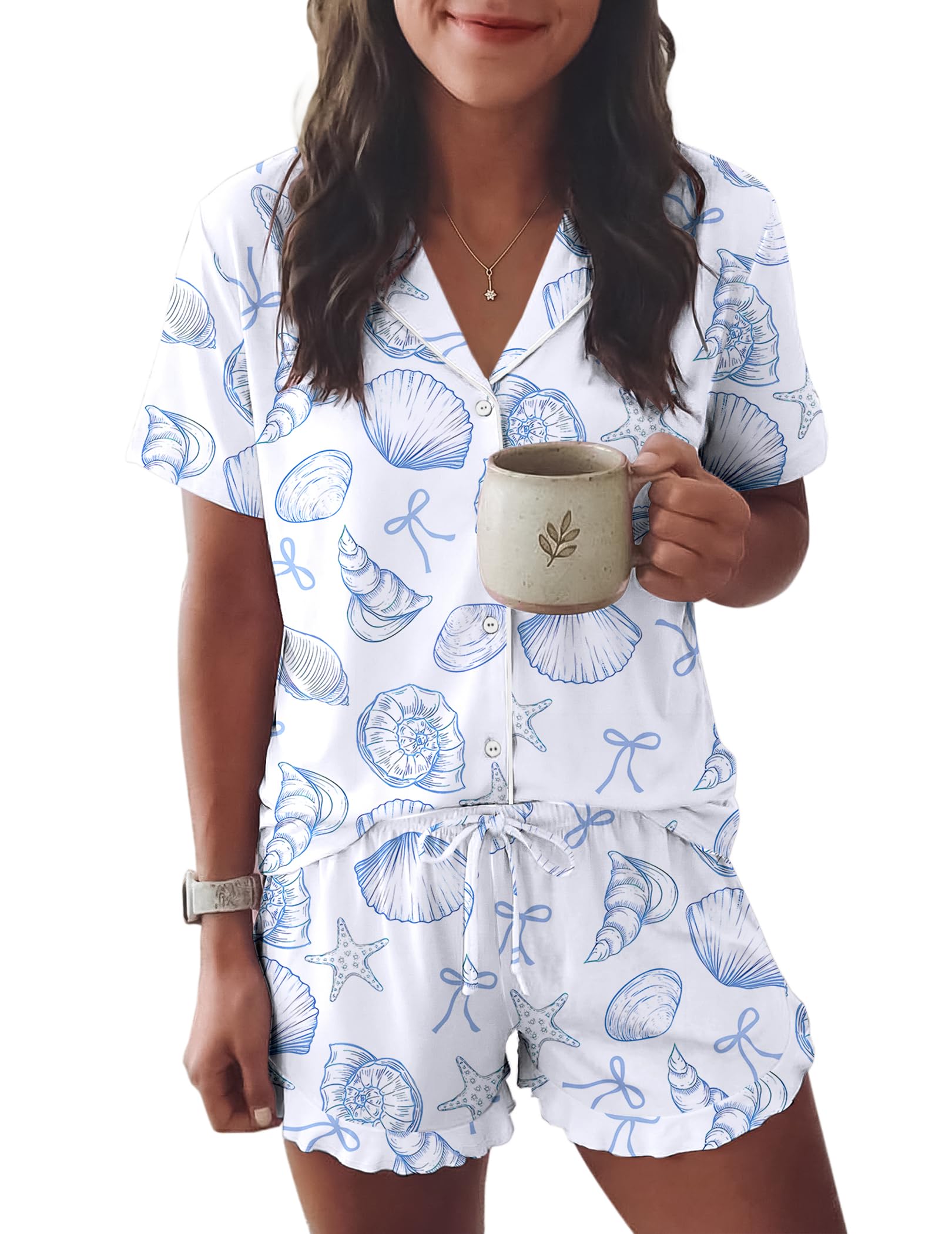 Ekouaer Womens Pajama Sets Button Down Short Sleeve Top and Shorts Cute Ruffled Pjs Sets Sleepwear