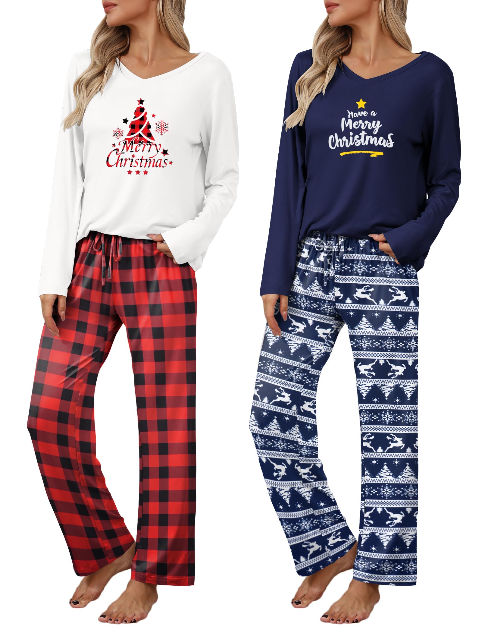 Ekouaer Womens 2 Pack Pajama Set Long Sleeve Pajamas Top and Pants V Neck Pjs Set Soft Loungewear with Pockets