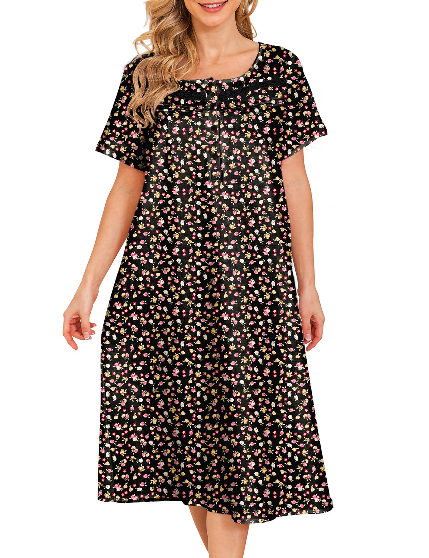 Bloggerlove Nightgowns for Women 100% Cotton Soft House Dress | 100 Full Cotton, Button Neck, Knee Length, Lace Trim Floral, Breathable, Skin-frieend, Loose Fit, Comfy Sleepwear WEBE CLOTHING