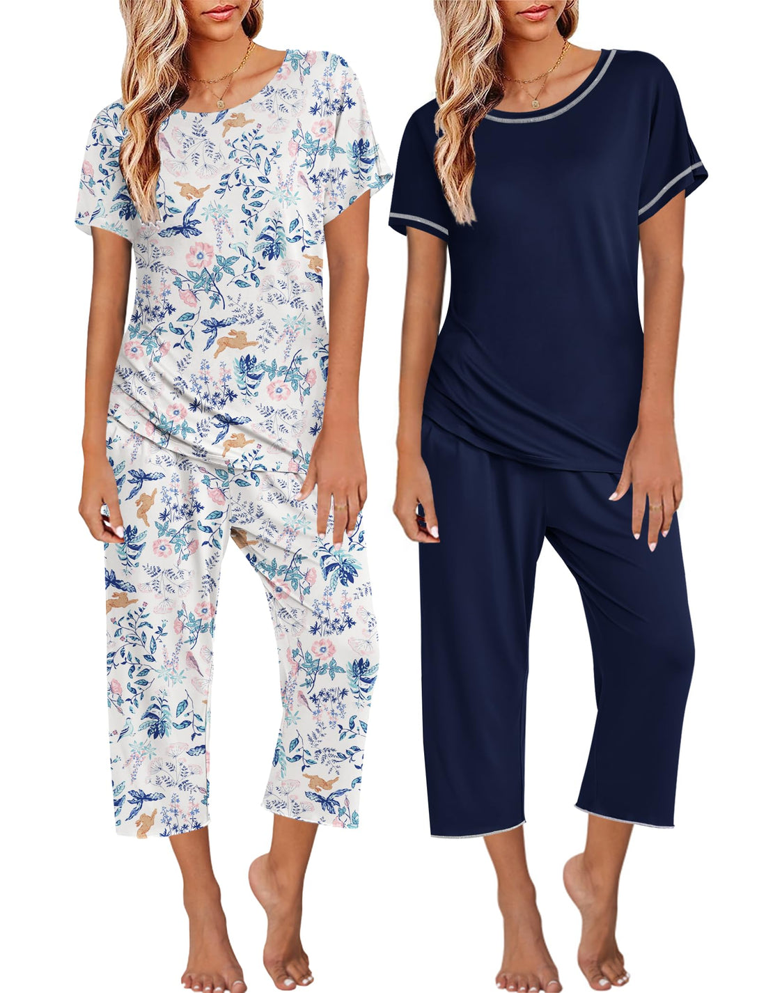 Ekouaer 2 Pack Womens Pajamas Sets Short Sleeve Tops and Capri Pants Pjs Colorful Printed Sleepwear Sets