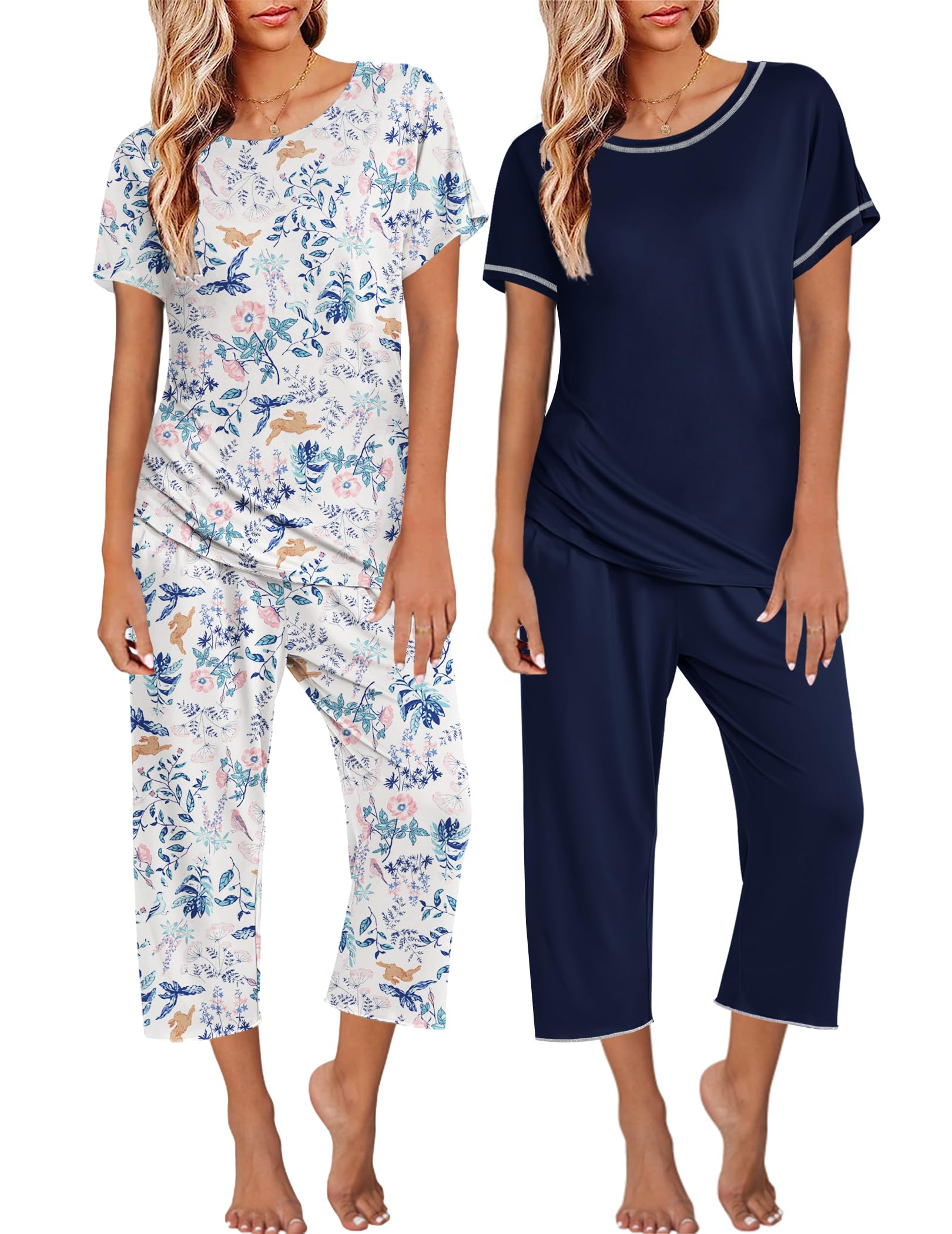 Ekouaer 2 Pack Womens Pajamas Sets Short Sleeve Tops and Capri Pants Pjs Colorful Printed Sleepwear Sets
