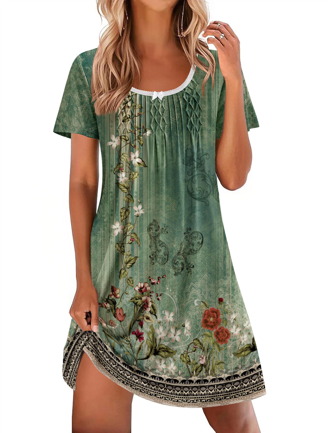 Ekouaer Nightgowns for Women Pleated Sleep Shirts Short Sleeve Night Shirts Lace Trim Night Gown Ladies Sleep Dress