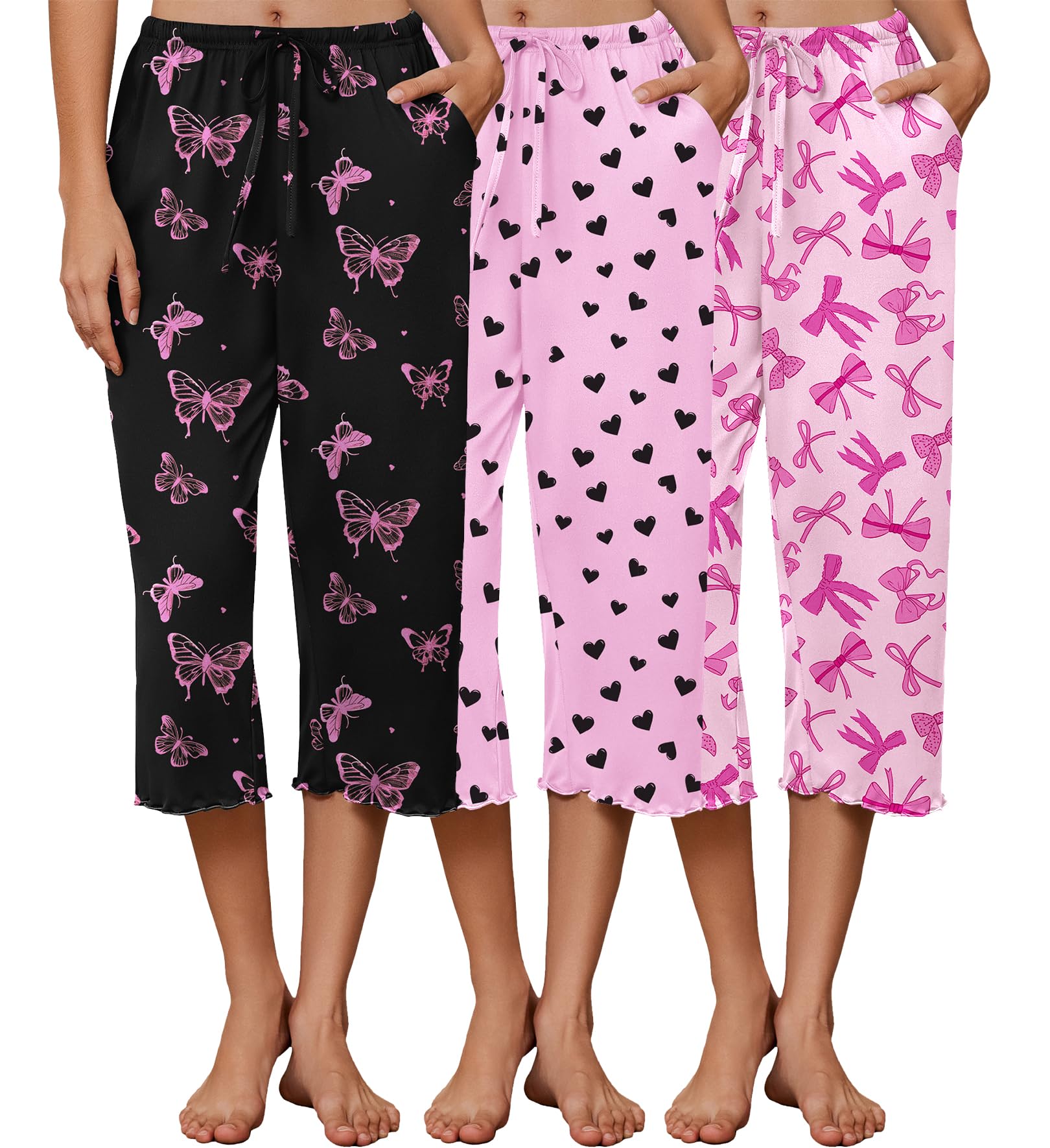 Ekouaer 3 Pack Women Capri Pajama Pants 2026 Ruffle Hem Lounge Pants Drawstring Pj Bottoms with Pockets