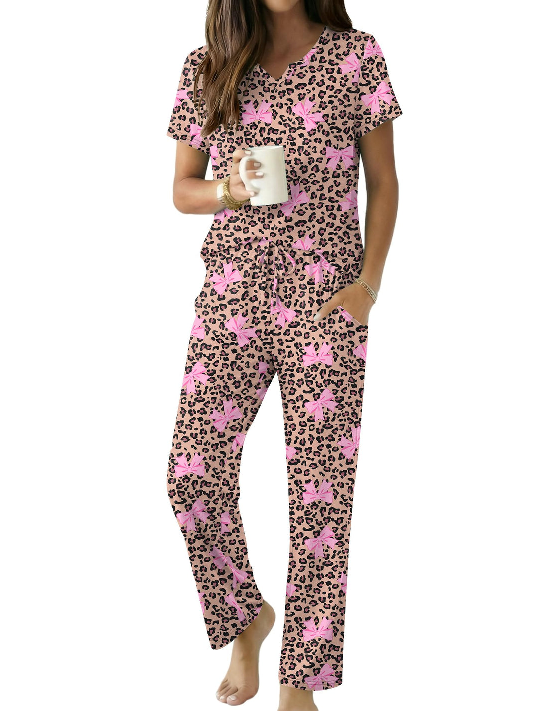 Ekouaer 2 Piece Womens Pajamas Short Sleeve Top and Long Pants Pjs Set Printed Sleepwear with Pocket WEBE CLOTHING