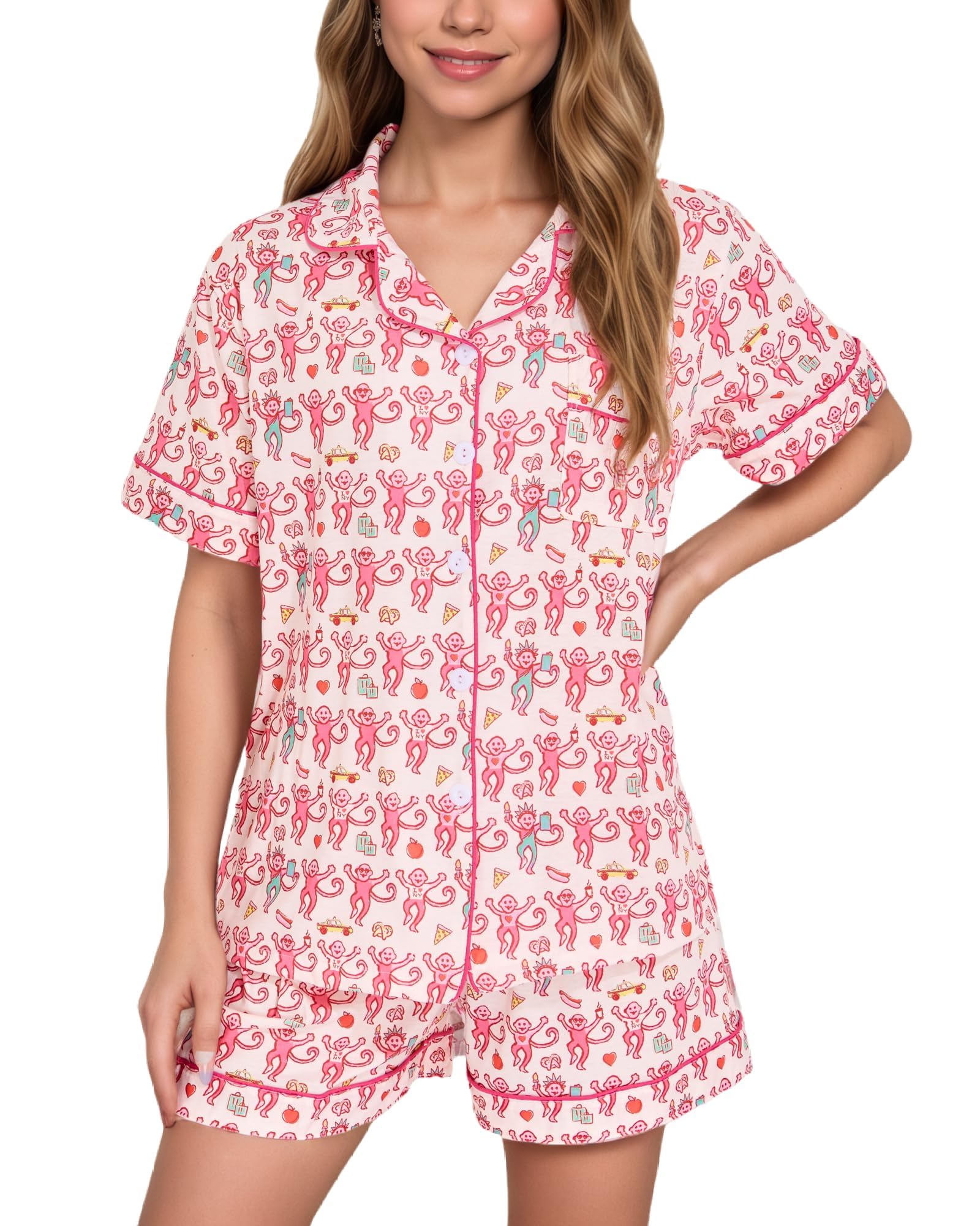 Women Y2k Pajamas Set Cute Preppy 2PCS Button Down Holiday Monkey Shorts Summer Outfit Beach Vacation Loungewear PJs WEBE CLOTHING