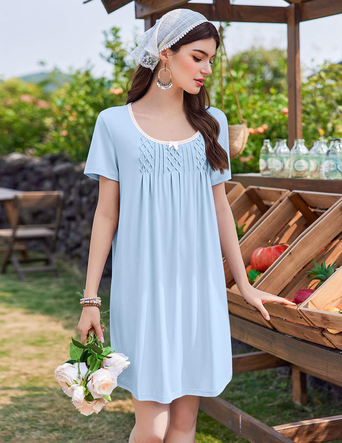 Ekouaer Nightgowns for Women Pleated Sleep Shirts Short Sleeve Night Shirts Lace Trim Night Gown Ladies Sleep Dress