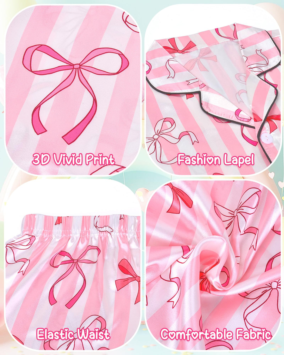 Sylfairy Girls Pajamas Silk PJS Set Pink Bow Satin Sleepwear Short Sleeve Jammies for Kids Button-Down Nightwear size 7-14
