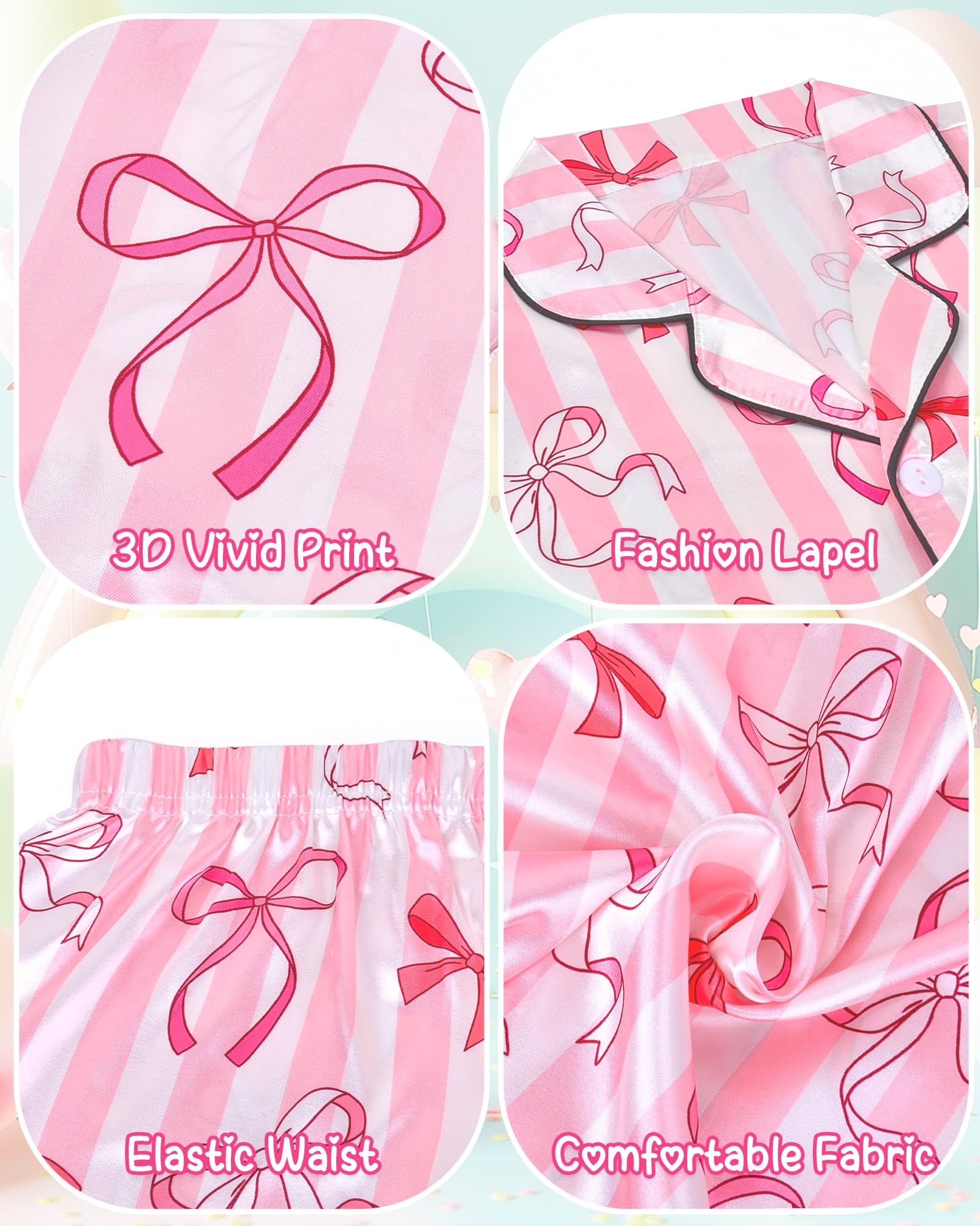 Sylfairy Girls Pajamas Silk PJS Set Pink Bow Satin Sleepwear Short Sleeve Jammies for Kids Button-Down Nightwear size 7-14