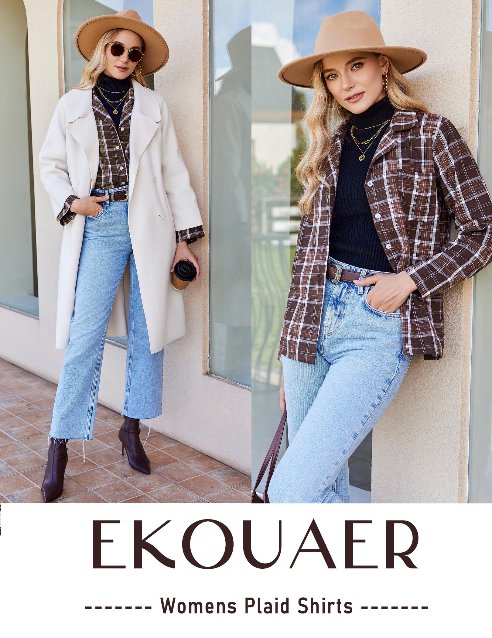 Ekouaer Womens Pajama Sets 2 Piece Cotton Plaid Pjs Long Sleeve Sleepwear Button Down Lounge Set with Pockets