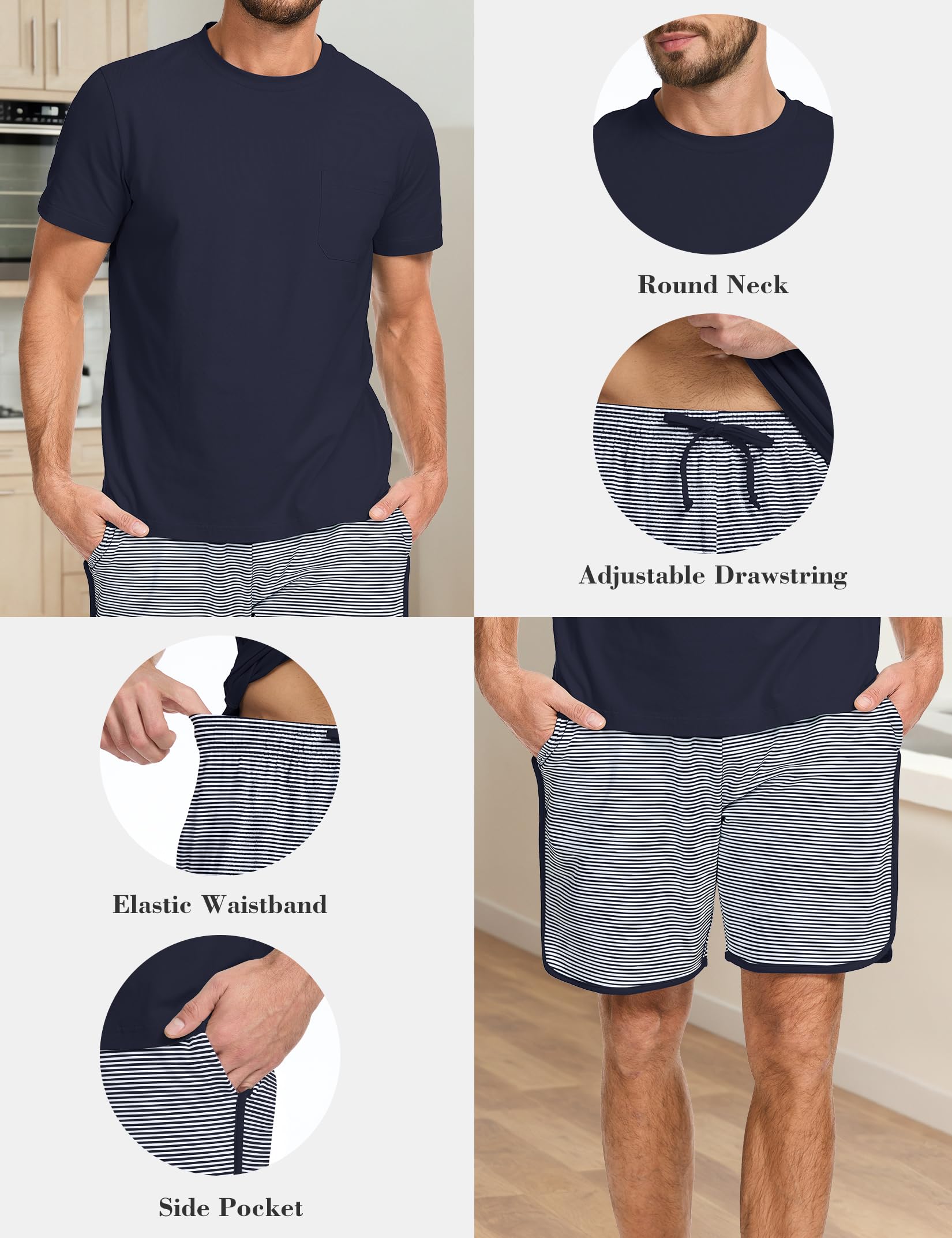 Mens Cotton Pajamas Set Stripe 2 Piece Lounge Set Pjs Summer Short Sleeve and Shorts Comfy Loungewear with Pockets WEBE CLOTHING