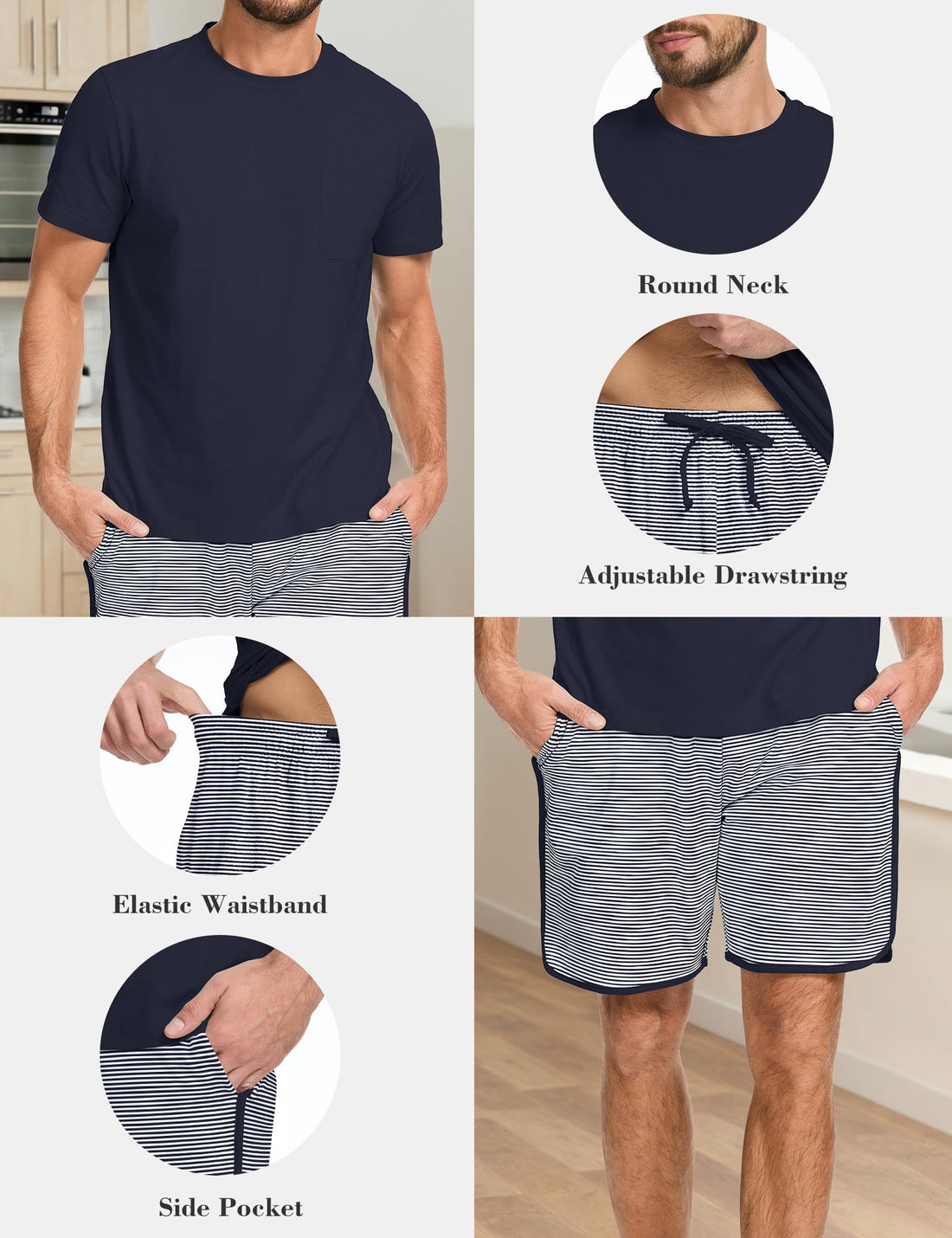 Mens Cotton Pajamas Set Stripe 2 Piece Lounge Set Pjs Summer Short Sleeve and Shorts Comfy Loungewear with Pockets WEBE CLOTHING