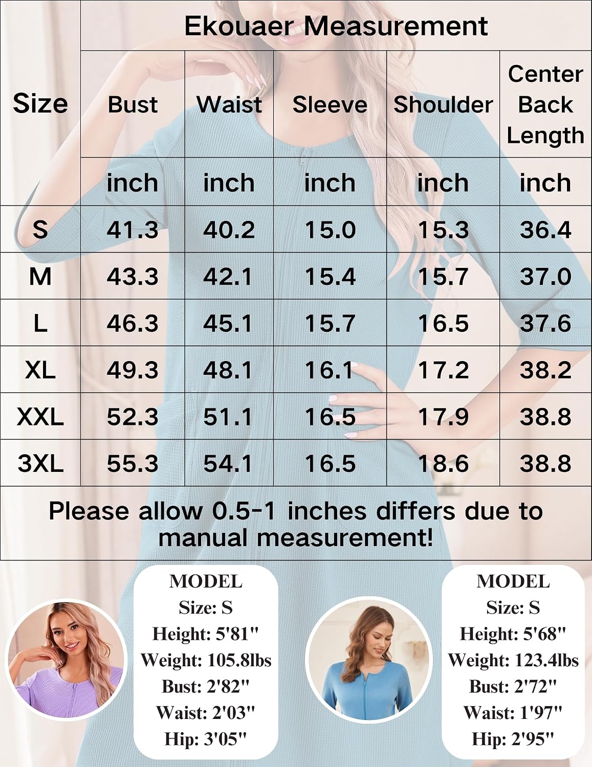 Ekouaer Zip Up Robes for Women Short Waffle Bathrobe Lightweight house coat 3/4 Sleeve Soft Nightgown with Pockets S-3XL WEBE CLOTHING