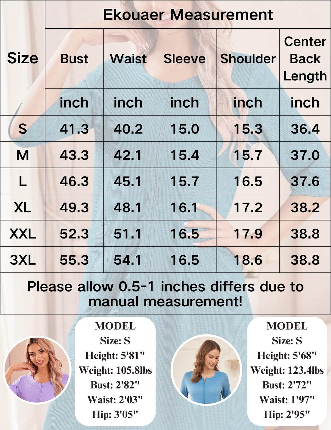 Ekouaer Zip Up Robes for Women Short Waffle Bathrobe Lightweight house coat 3/4 Sleeve Soft Nightgown with Pockets S-3XL WEBE CLOTHING