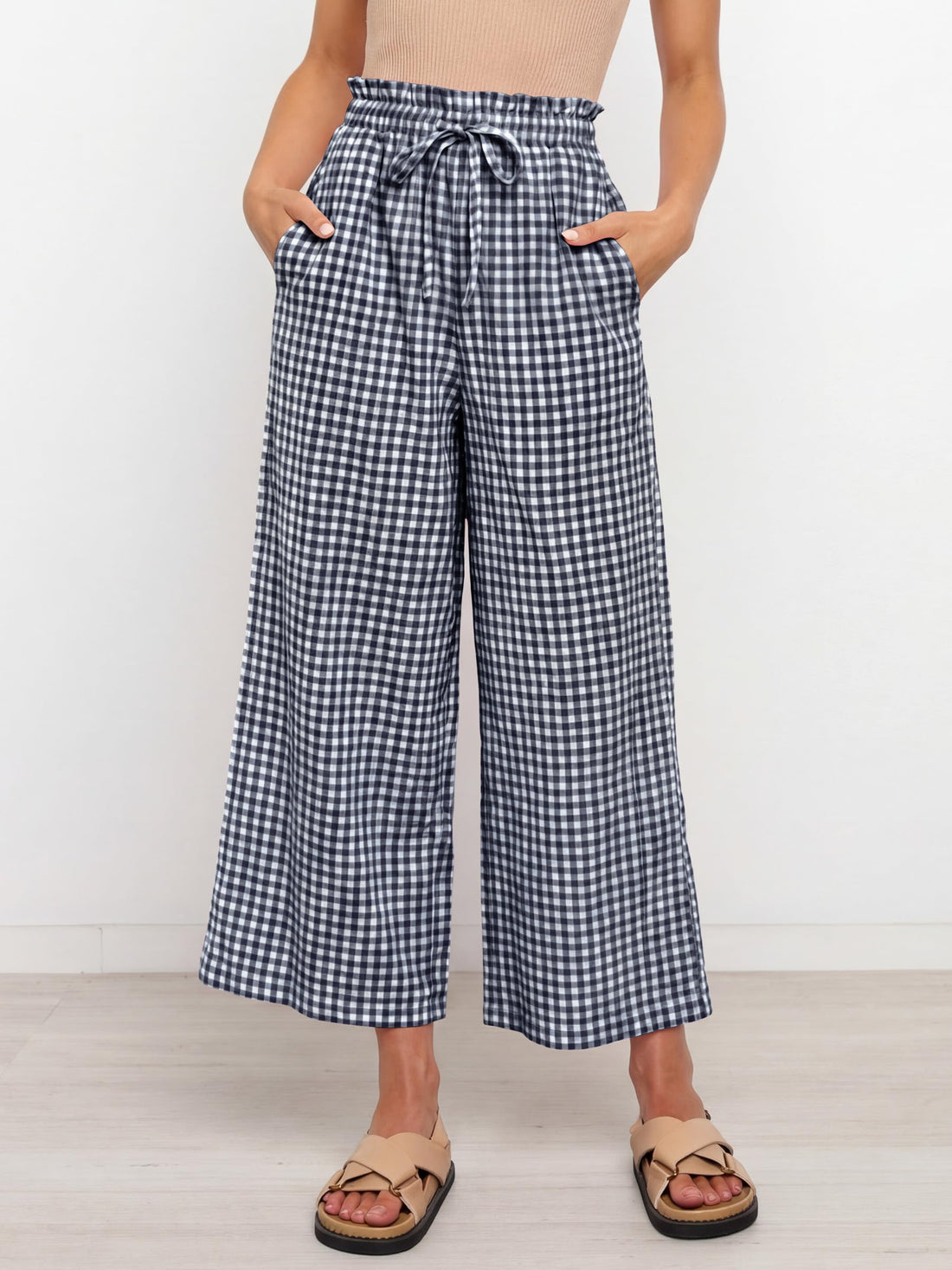 ANRABESS Womens Striped Gingham Palazzo Capri Pants Pajama Wide Leg Lounge Trousers Plaid Cute Crop PJ Bottoms with Pockets