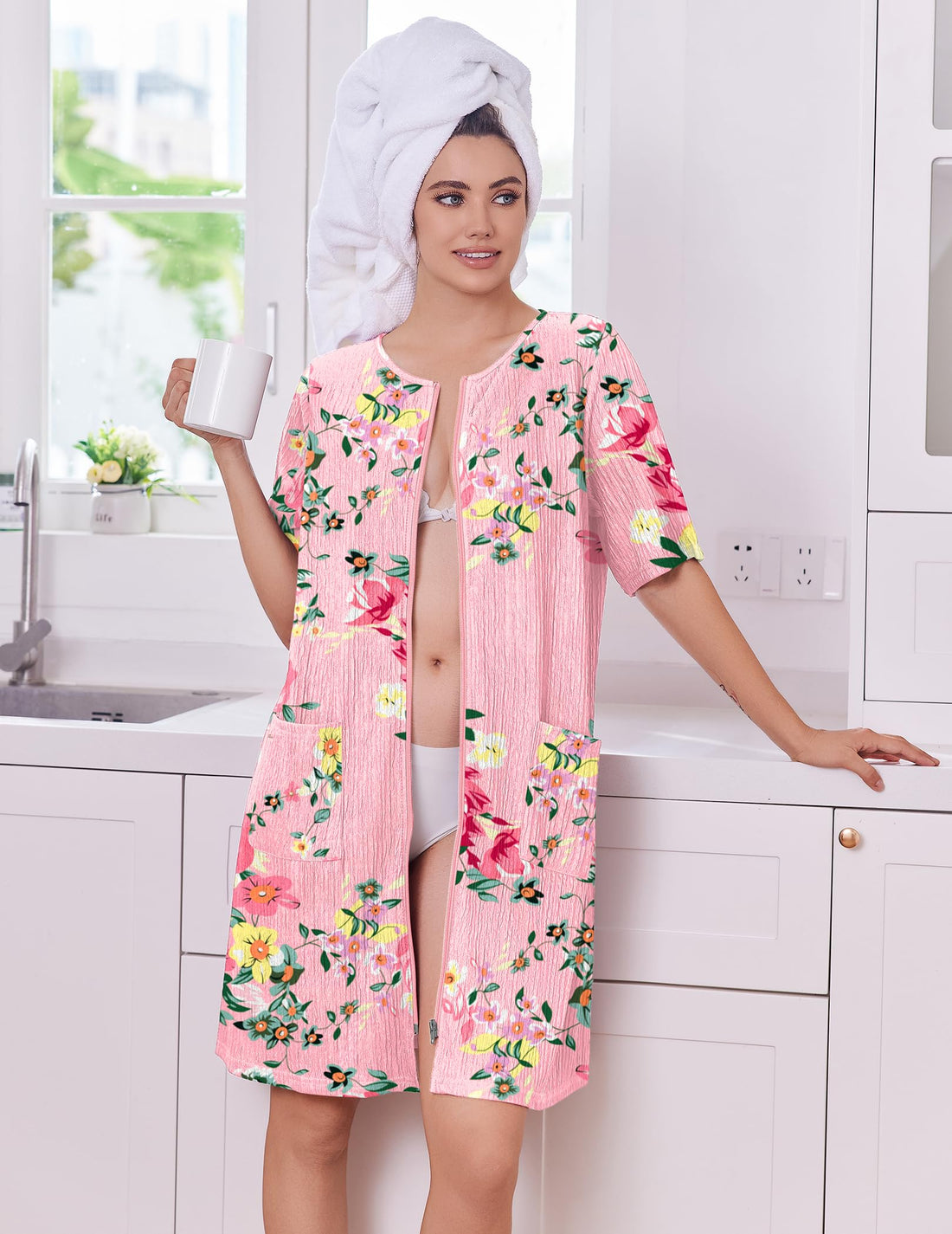 Ekouaer Women Zipper Robes Knit Short Bathrobe Lightweight House Coat with Pockets Soft Nightgown S-XXL WEBE CLOTHING