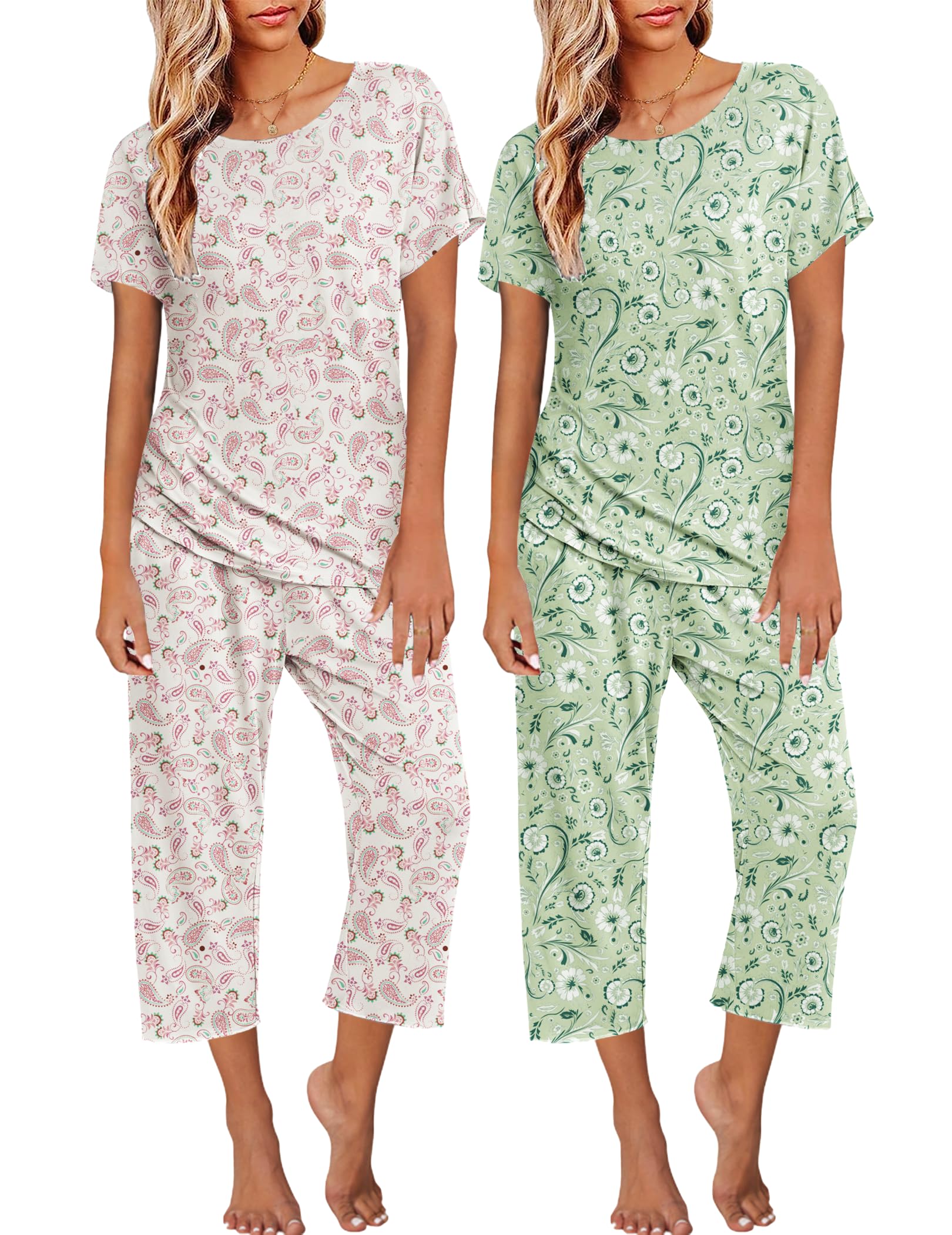 Ekouaer 2 Pack Womens Pajamas Sets Short Sleeve Tops and Capri Pants Pjs Colorful Printed Sleepwear Sets