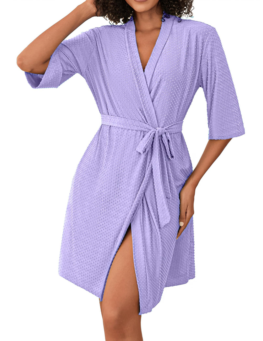 Ekouaer Short Robes for Women Lightweight Bathrobe Kimono Robes Knee Length 3/4 Sleeve Swiss Polka Dot Soft Robe with Pockets