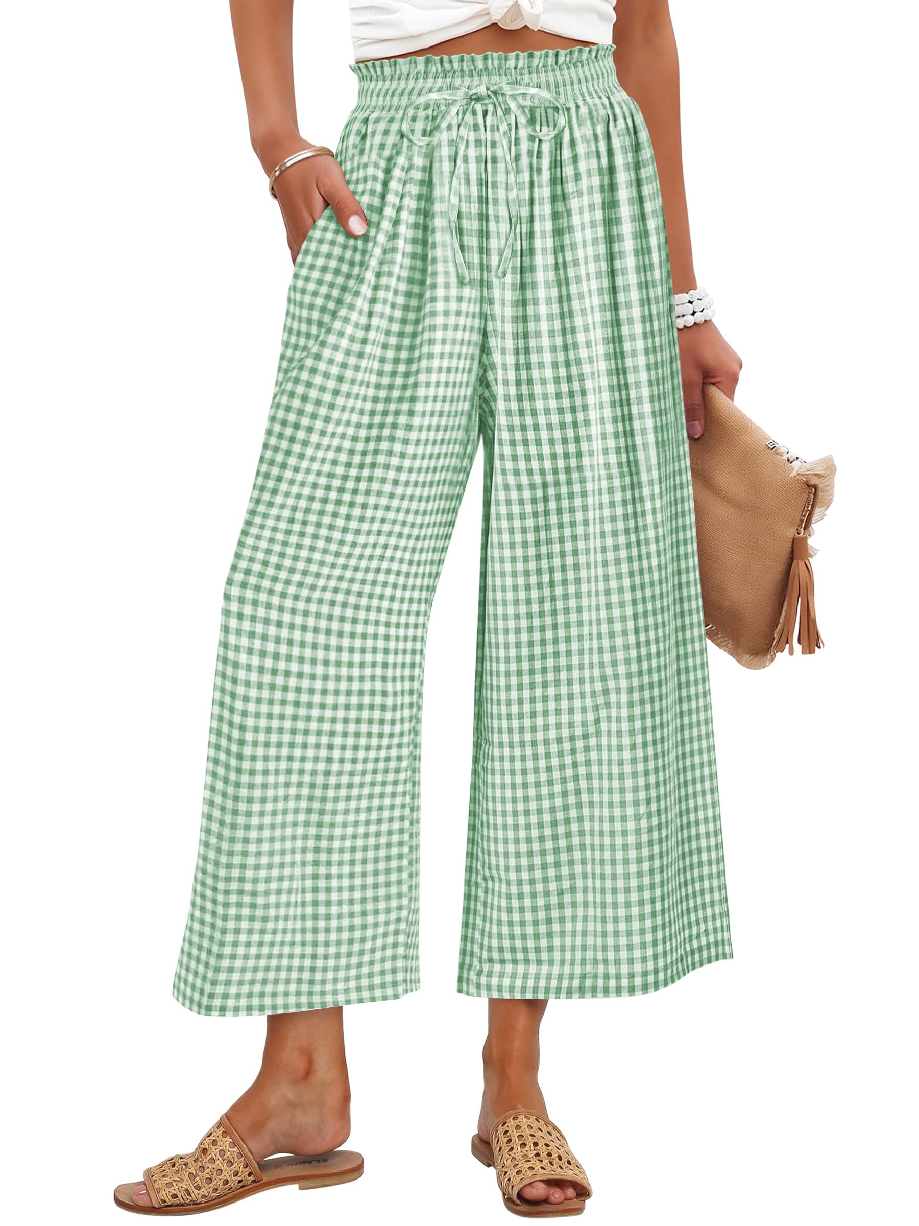 ANRABESS Womens Striped Gingham Palazzo Capri Pants Pajama Wide Leg Lounge Trousers Plaid Cute Crop PJ Bottoms with Pockets