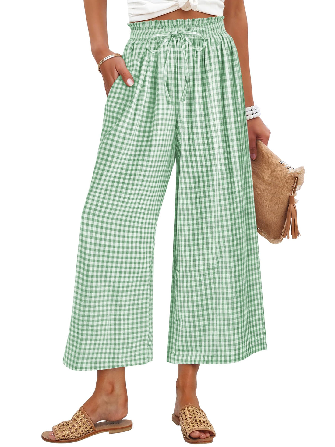 ANRABESS Womens Striped Gingham Palazzo Capri Pants Pajama Wide Leg Lounge Trousers Plaid Cute Crop PJ Bottoms with Pockets