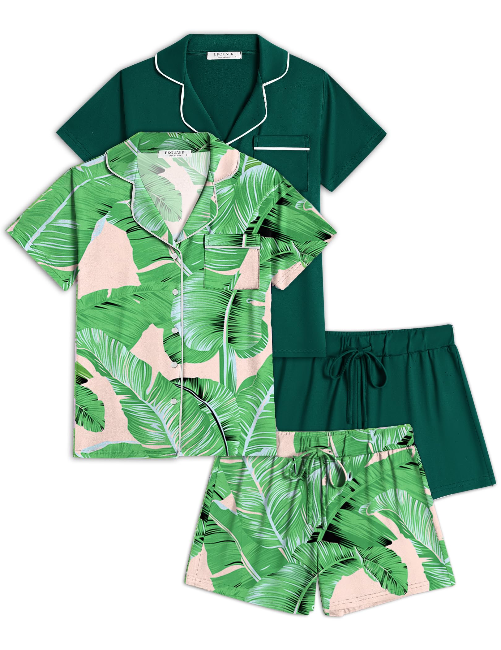 Ekouaer Womens Pajamas Set 2 Pack Button Down Summer Sleepwear Short Sleeve Comfy Pjs Loungewear Set
