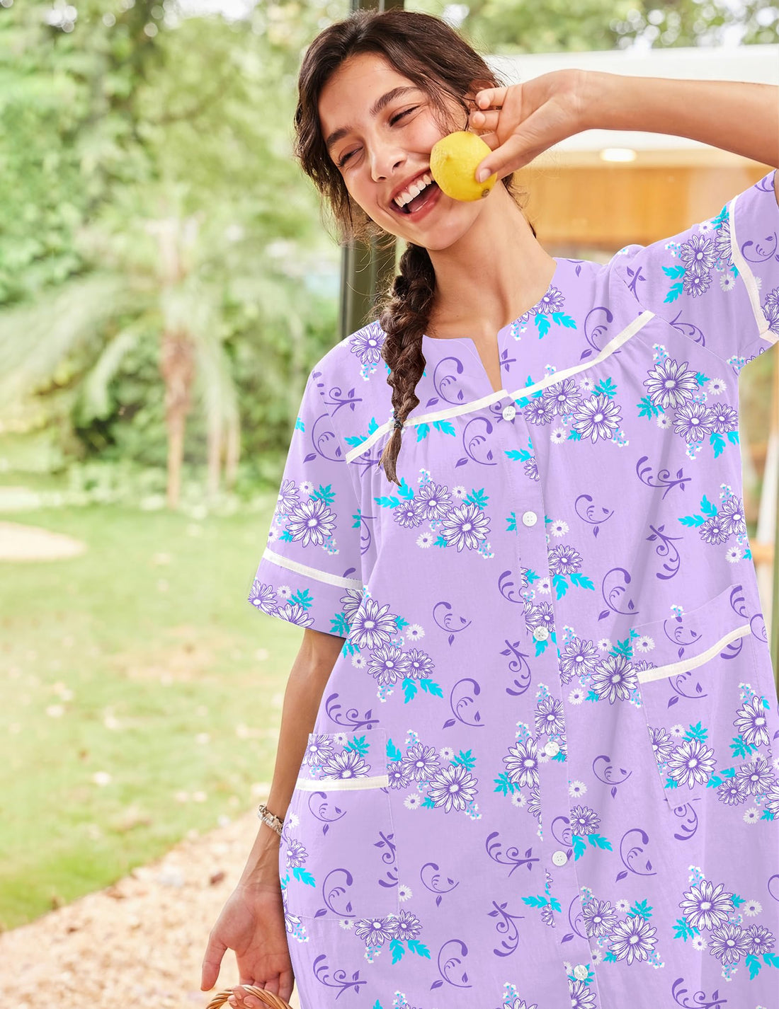 Ekouaer House Dress for Women with Pockets Duster Button Down Nightgown | Nightgowns for Women, Button Dwon House Dress with Pockets, Short Sleeve Duster Housecoat, Moo Moos for Elderly, Mumu Dress WEBE CLOTHING