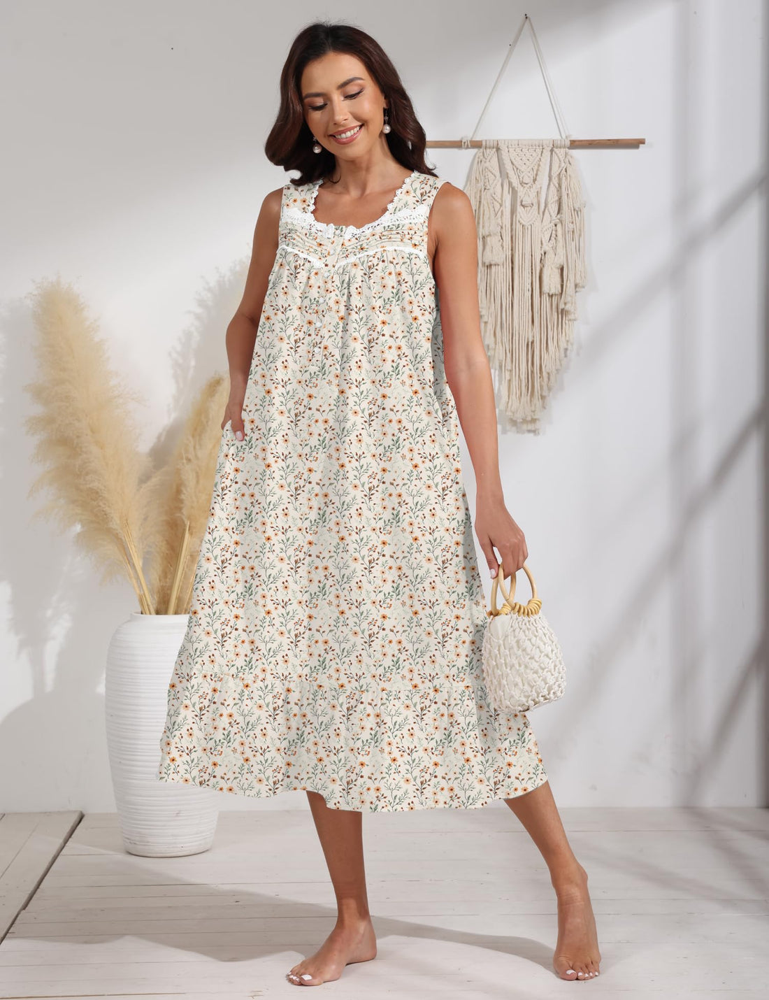 100% Cotton Floral Pearl Snap Nightgown for Women Sleeveless Victorian Sleep Dress Cotton Nightgowns with Pockets WEBE CLOTHING