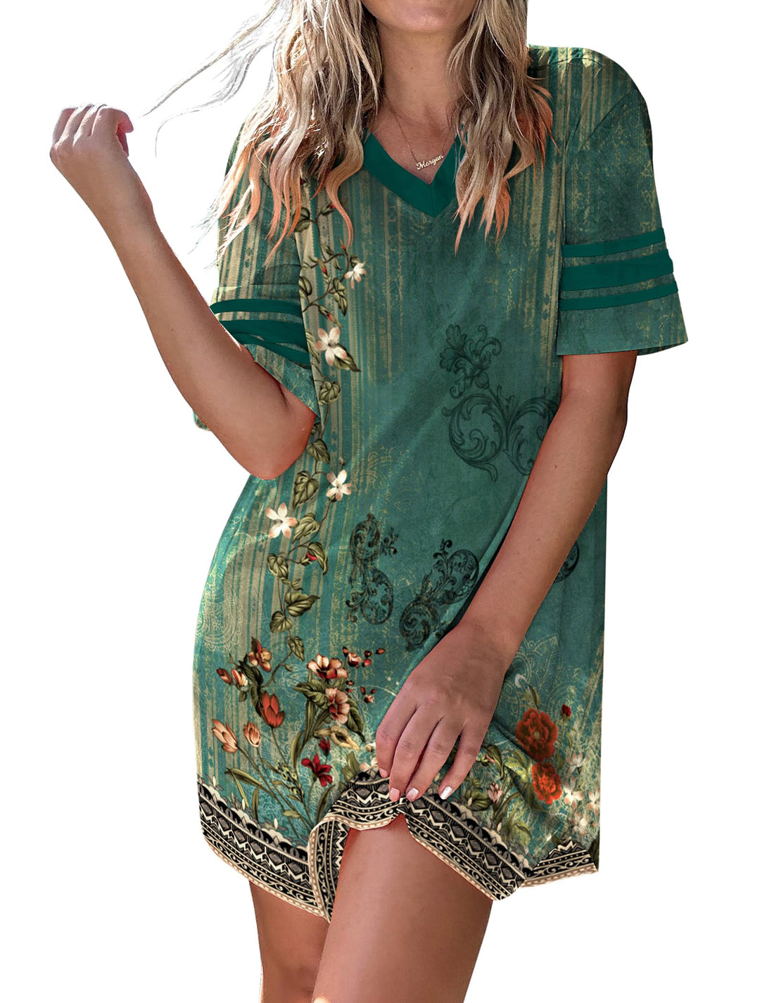 Ekouaer Nightgowns for Women Cotton Night Gown Short Sleeve Sleepwear V Neck Color Block Sleep Shirts Ladies Night Shirts