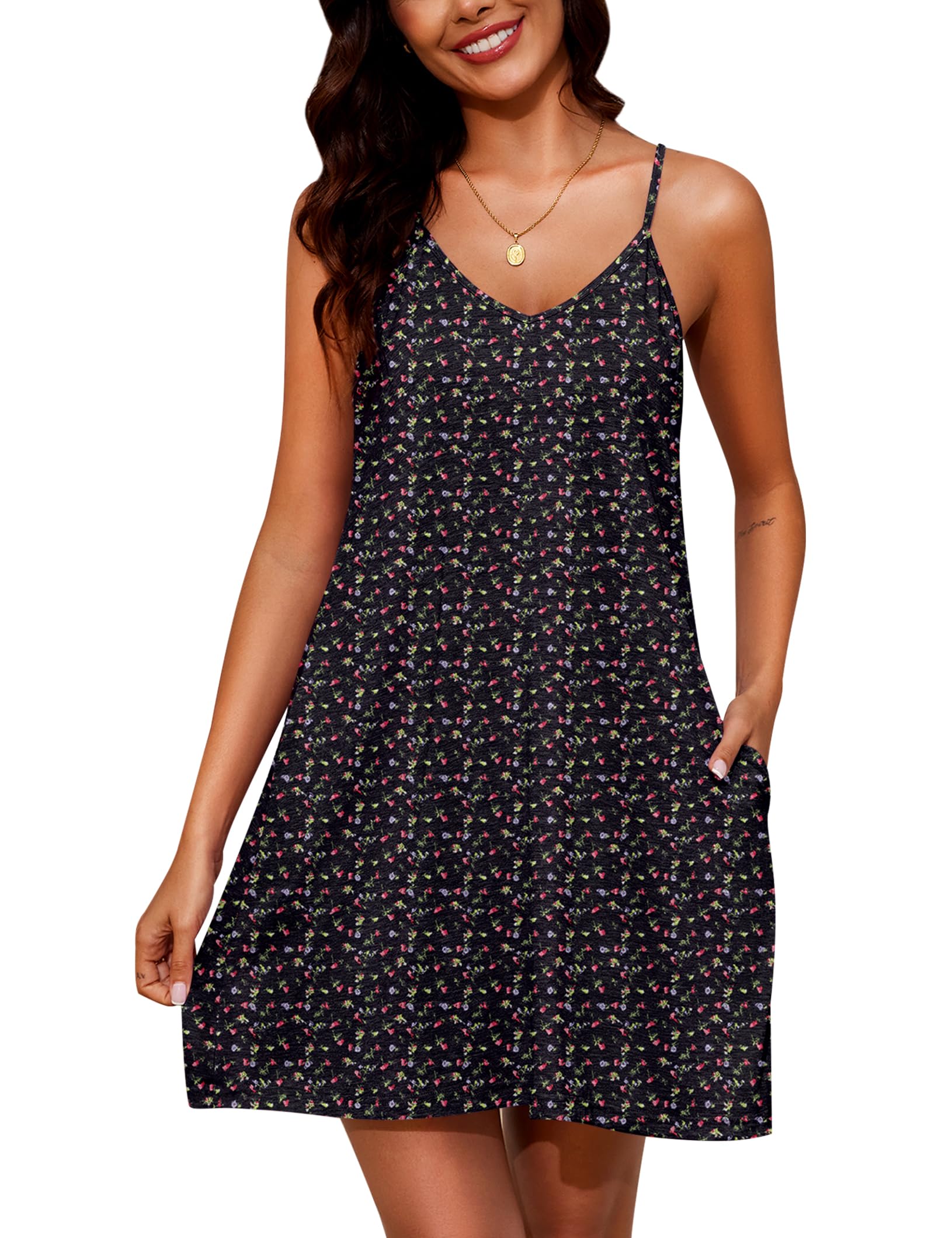 Marvmys Womens Cotton Sleeveless Nightgown Spaghetti Strap V Neck Full Slip Sleep Dress with Pockets WEBE CLOTHING