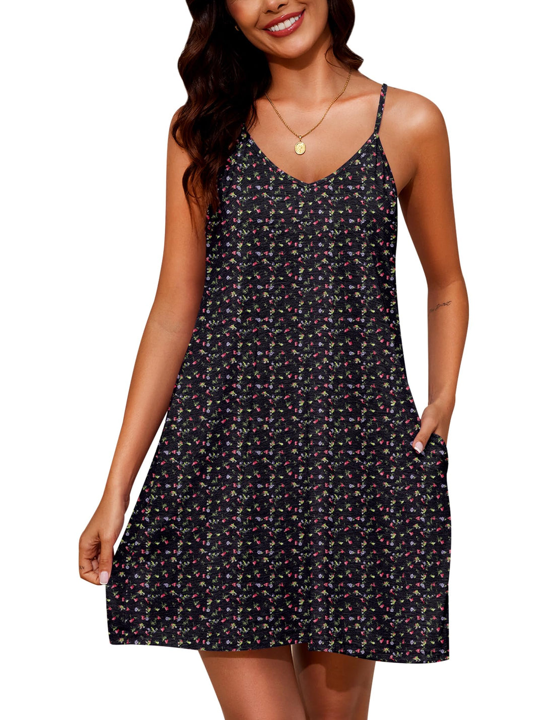 Marvmys Womens Cotton Sleeveless Nightgown Spaghetti Strap V Neck Full Slip Sleep Dress with Pockets WEBE CLOTHING