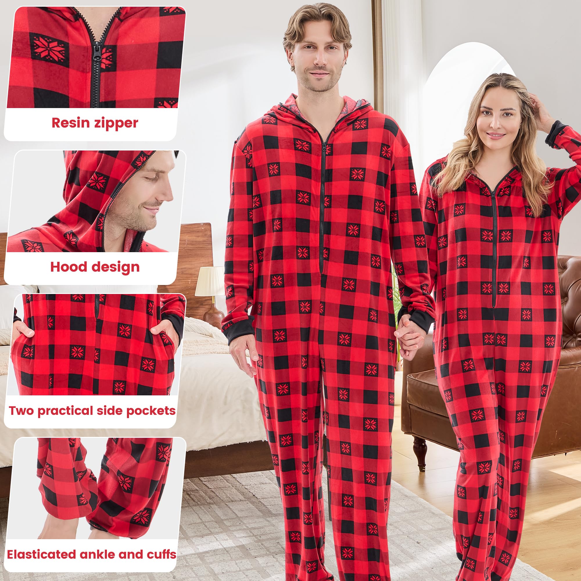 PJGGZ Onesie Couples Matching Pajamas - Funny Plaid Zipper Hooded Pjs Sets for Women & Men Soft Warm Christmas Jumpsuit WEBE CLOTHING