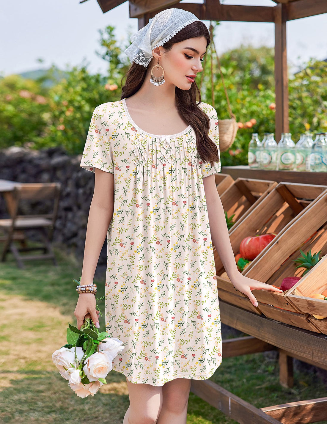 Ekouaer Nightgowns for Women Pleated Sleep Shirts Short Sleeve Night Shirts Lace Trim Night Gown Ladies Sleep Dress