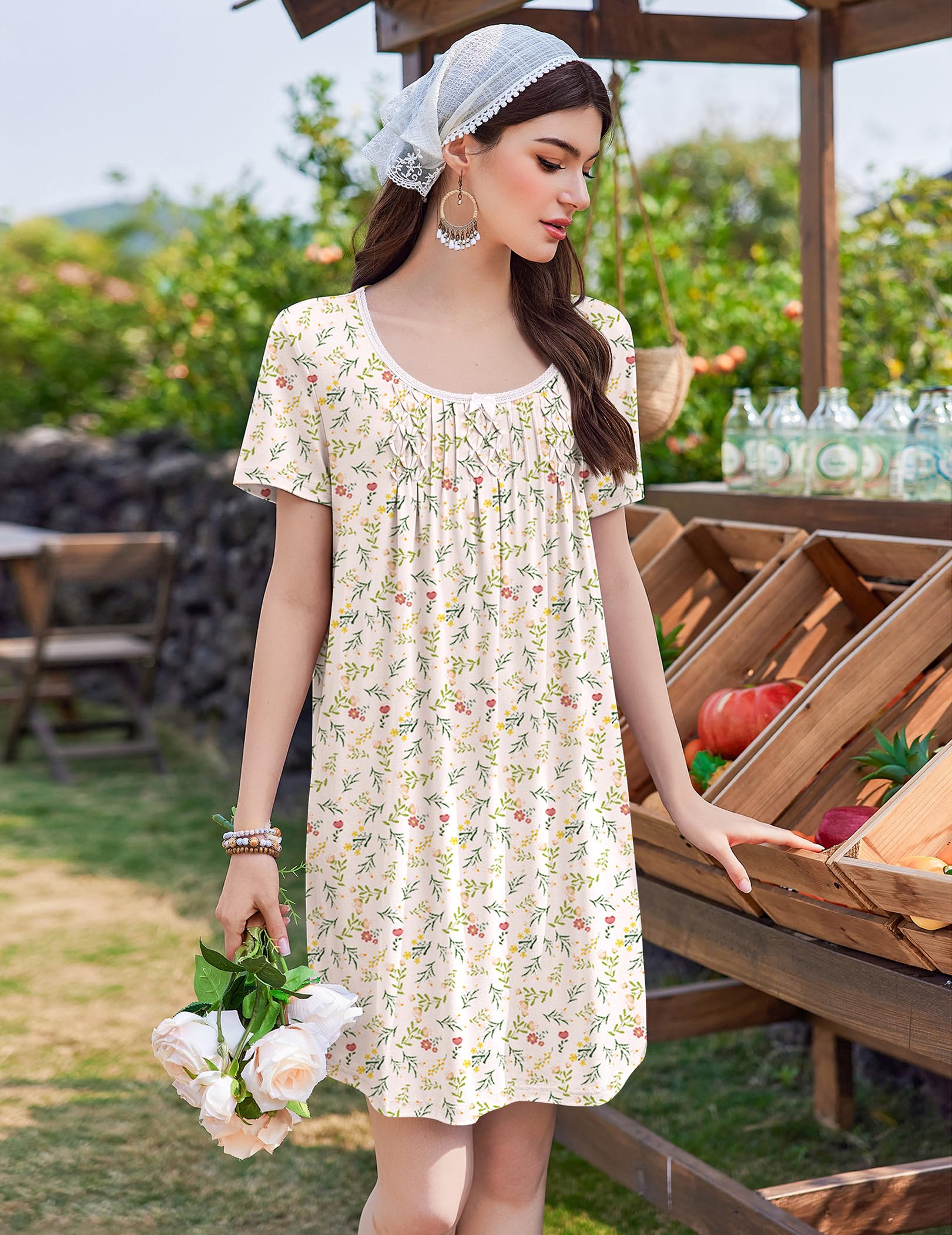 Ekouaer Nightgowns for Women Pleated Sleep Shirts Short Sleeve Night Shirts Lace Trim Night Gown Ladies Sleep Dress