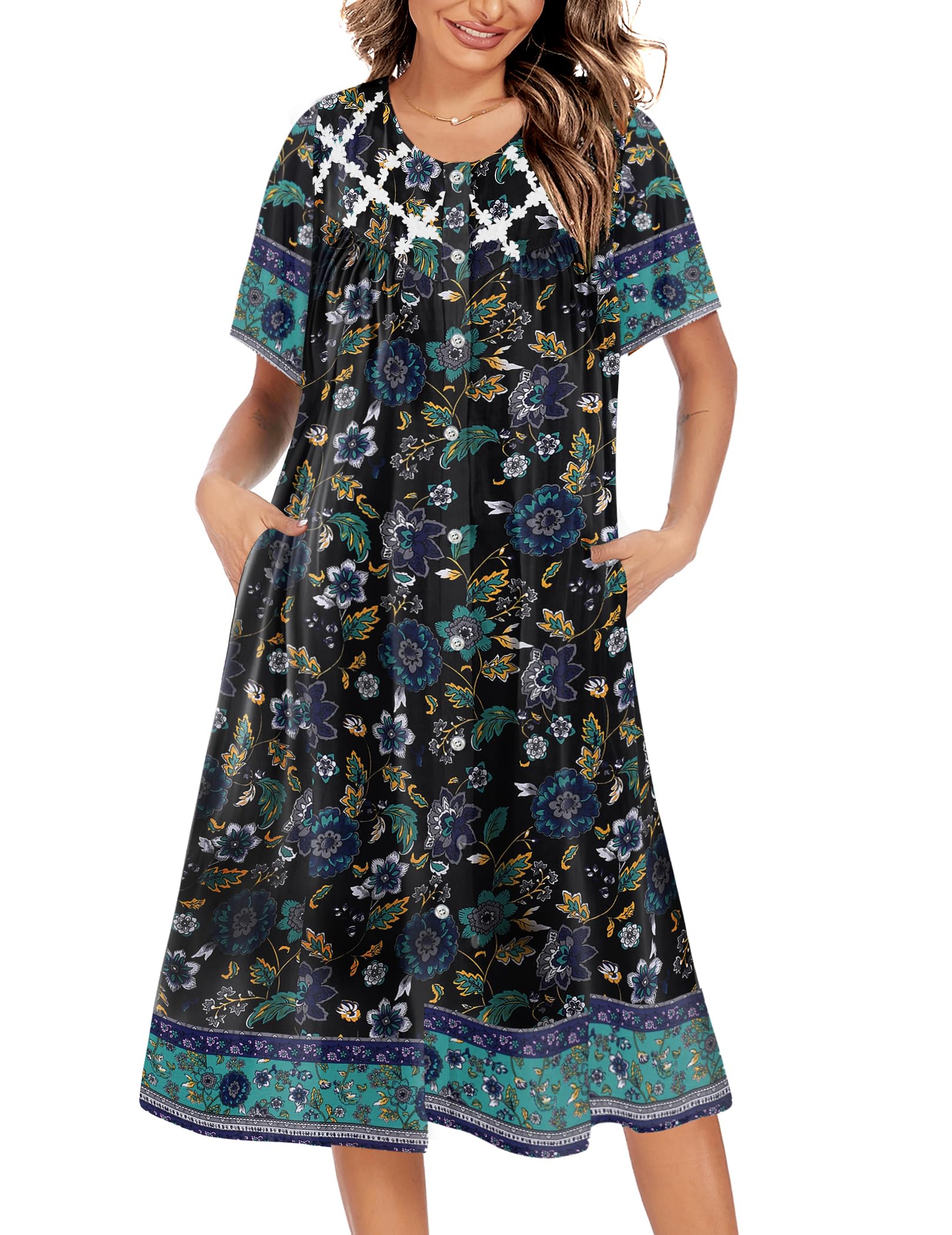 Ekouaer House Dress for Women Button Down Nightgown Short Sleeve Housecoat with pockets S-4XL WEBE CLOTHING