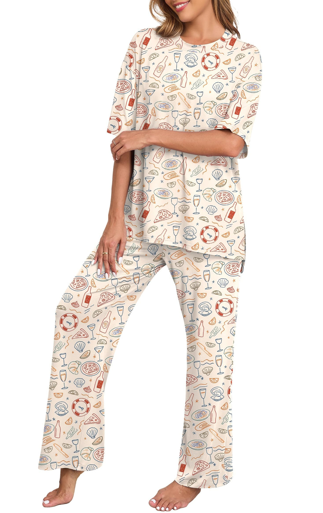 PrinStory Womens Pajamas Sets 2 Piece Lounge Set Short Sleeve Tops and Long Pants Soft Pjs Loungewear with Pockets