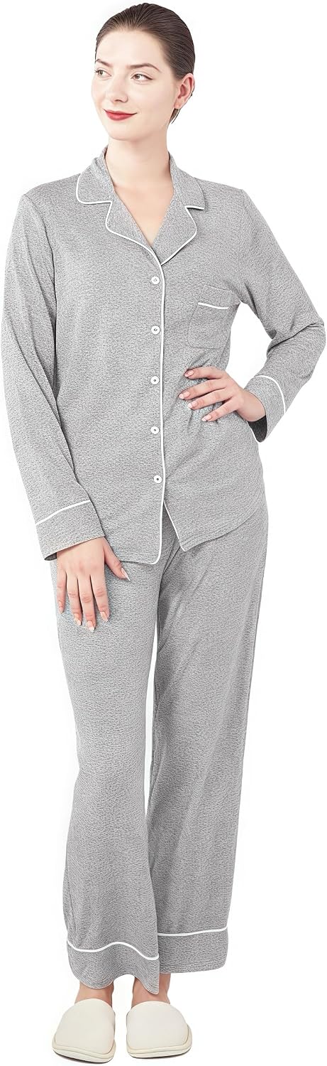 Women's Pajama Set Long Sleeve Button Down Fashion ladies Sleepwear soft Pjs knitted Loungewear Set (Large, Light-Gray)