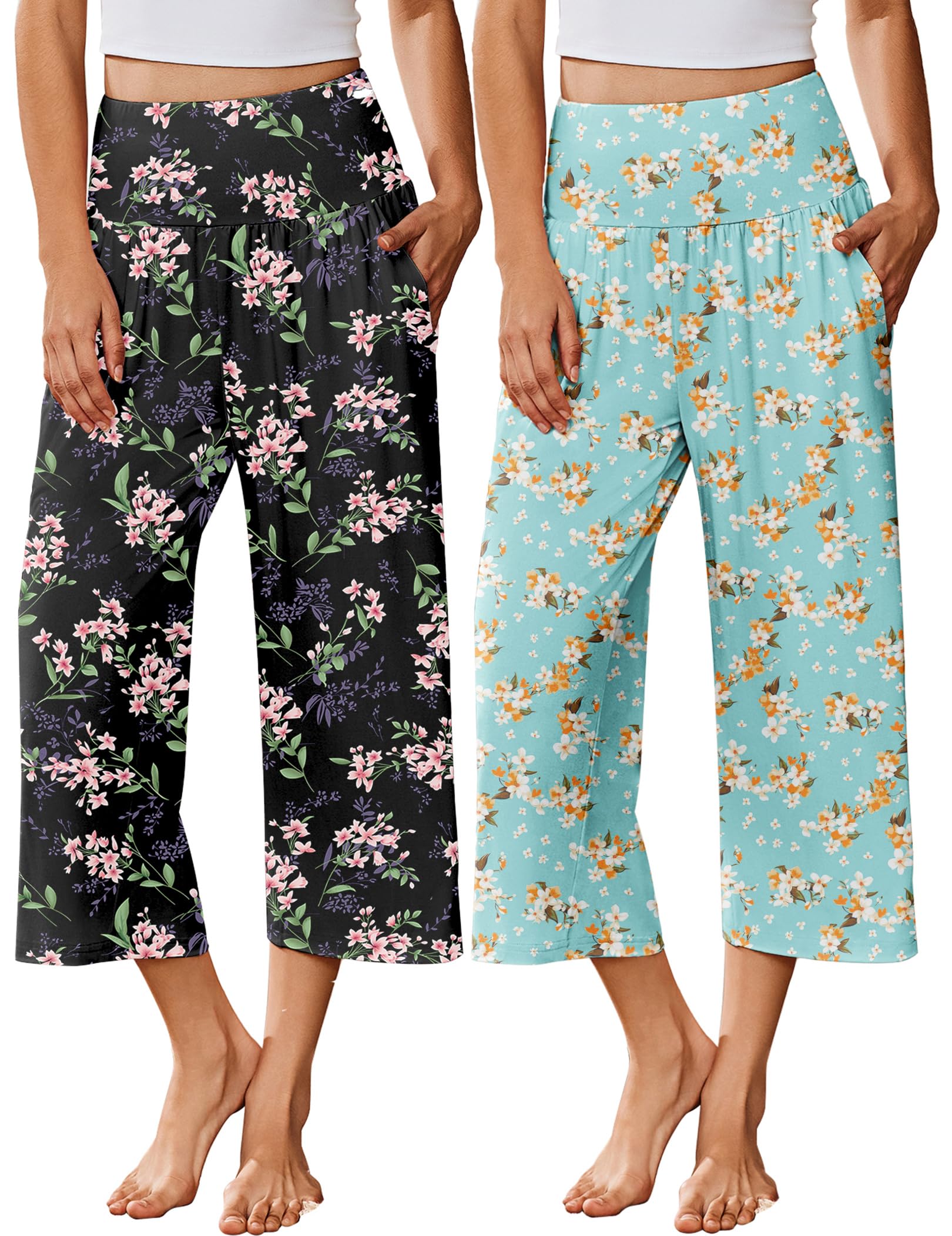 Ekouaer 2 Pack Womens Pajama Pants 2026 Wide Leg Capri Yoga Pants Lounge Comfy Sleep Pj Bottoms with Pockets